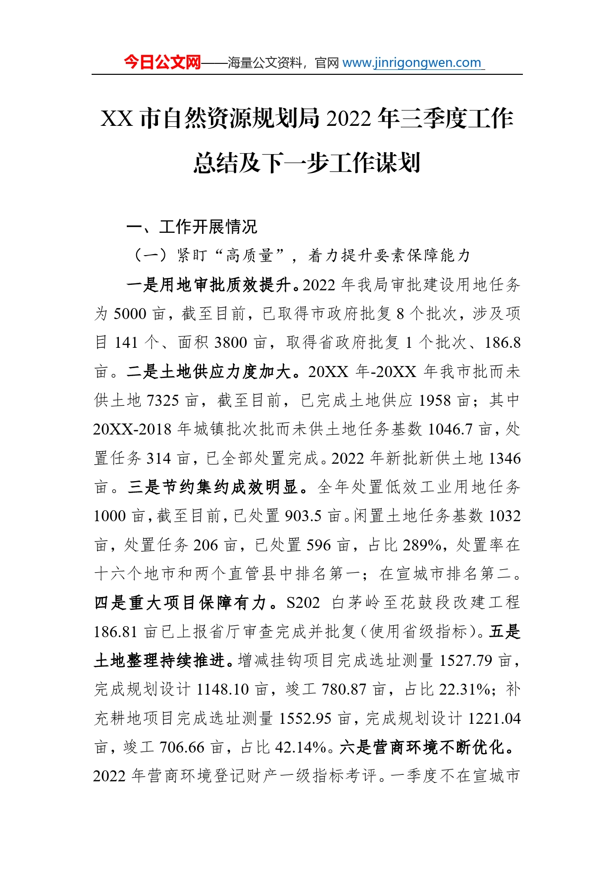 市自然资源规划局2022年三季度工作总结及下一步工作谋划（20221118）_第1页