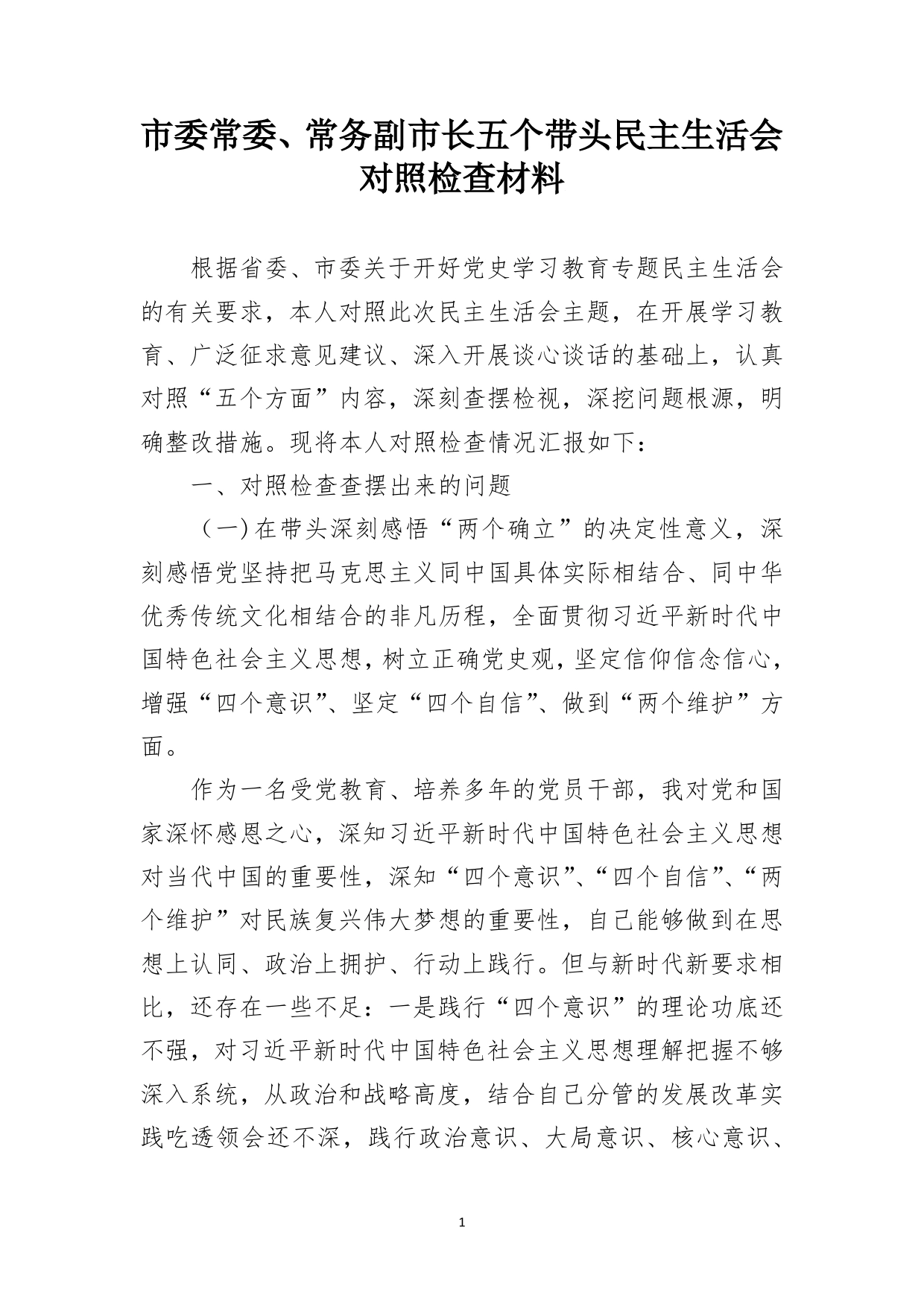 常务副市长五个带头学习教育专题民主生活会对照检查材料_第1页