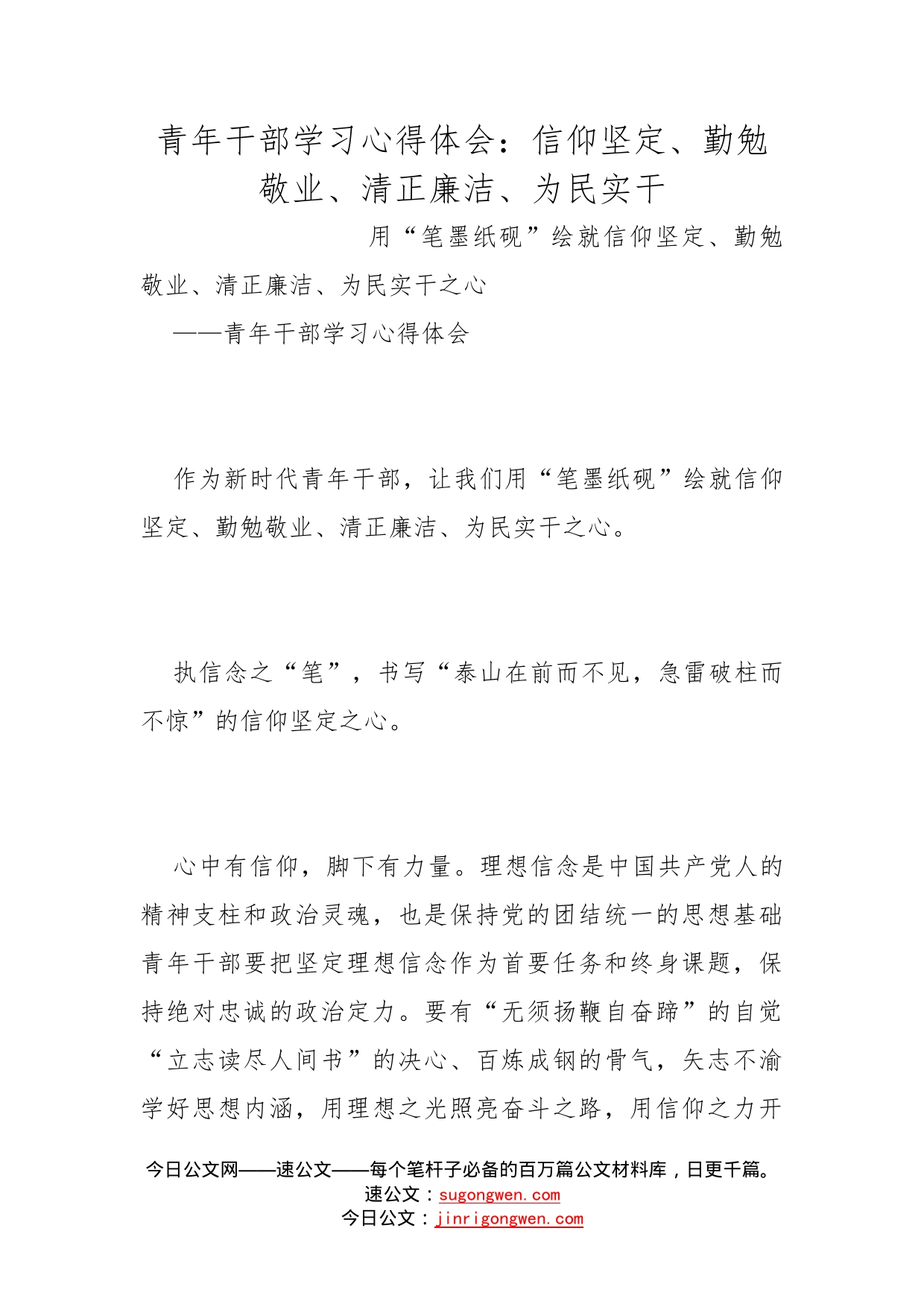 青年干部学习心得体会：信仰坚定、勤勉敬业、清正廉洁、为民实干_第1页