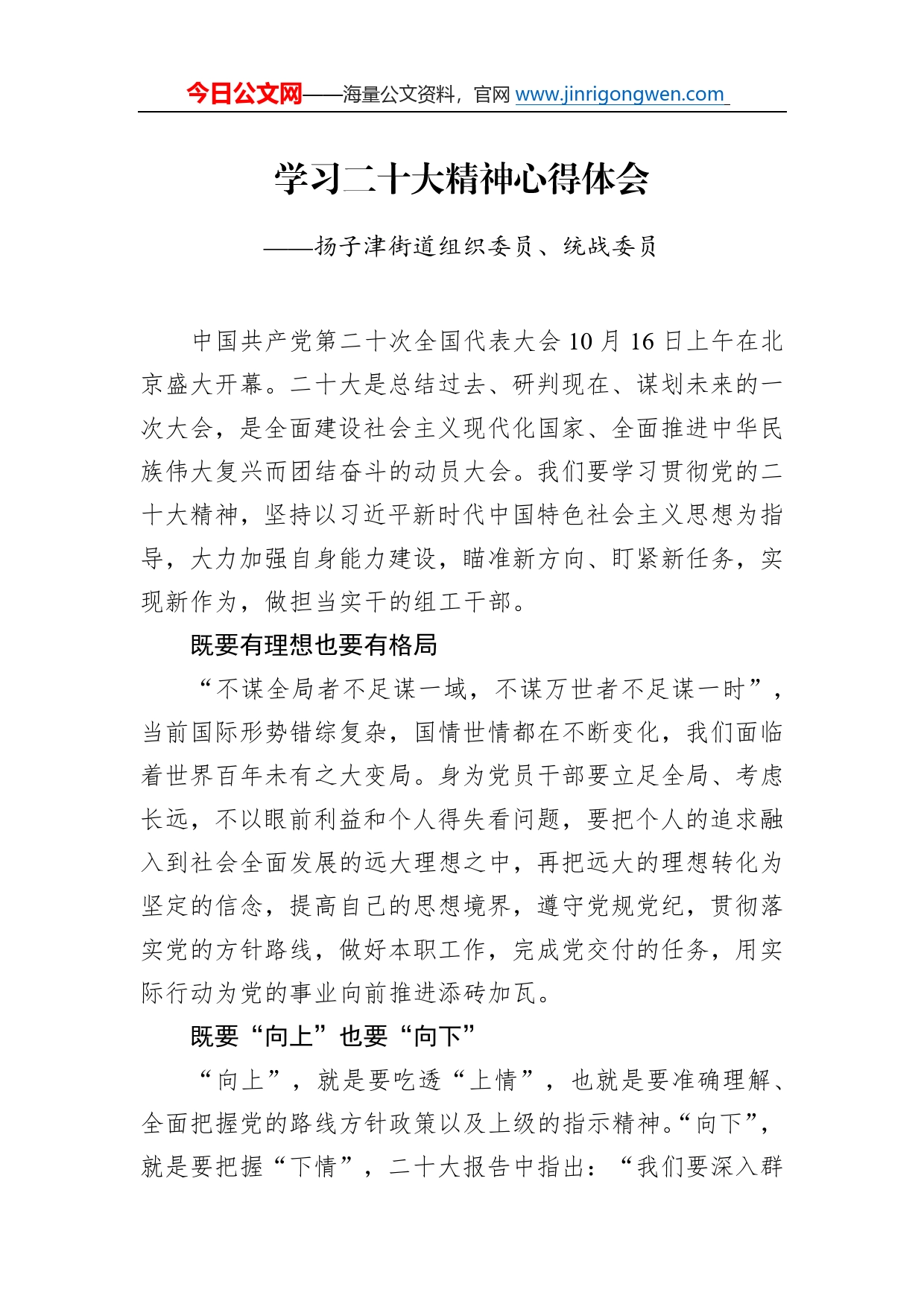 扬子津街道组织委员、统战委员学习二十大精神心得体会（20221216）39_第1页