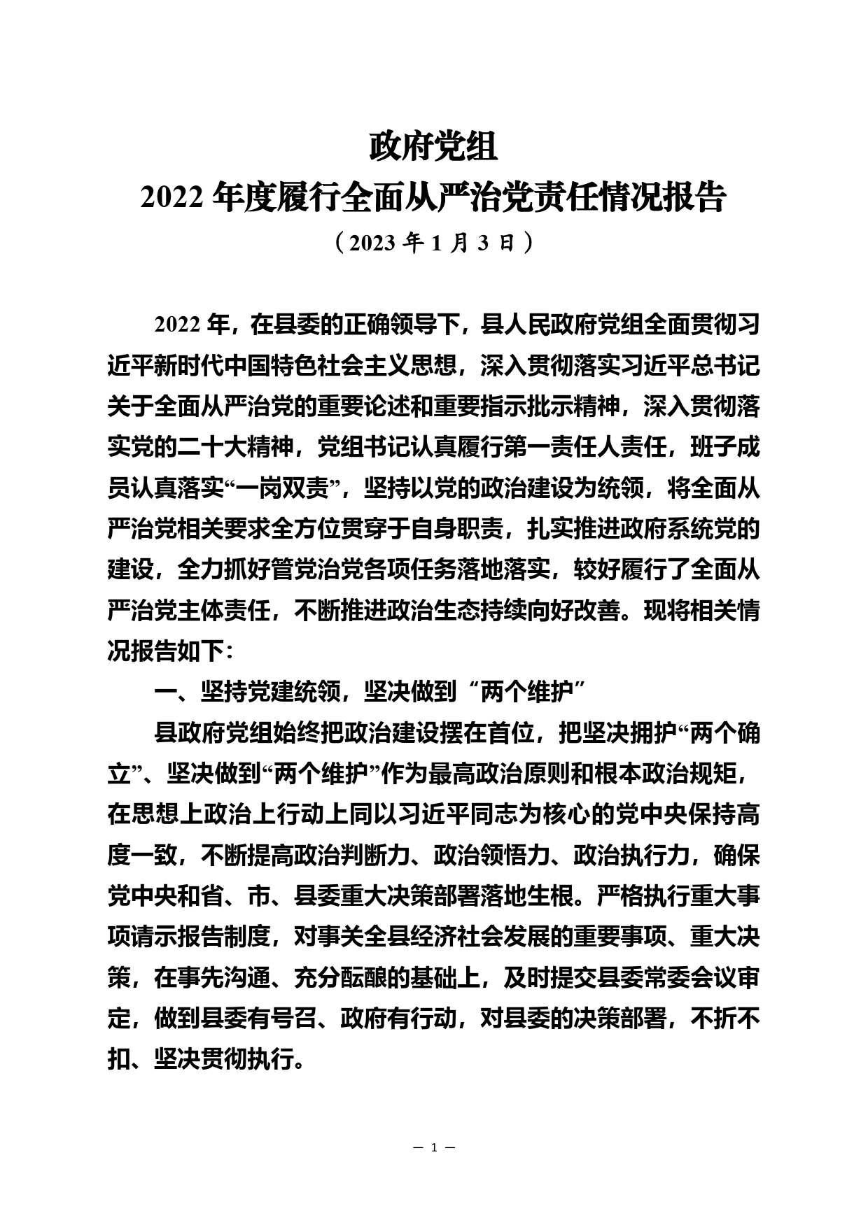 政府党组2022年度履行全面从严治党责任情况报告89_第1页