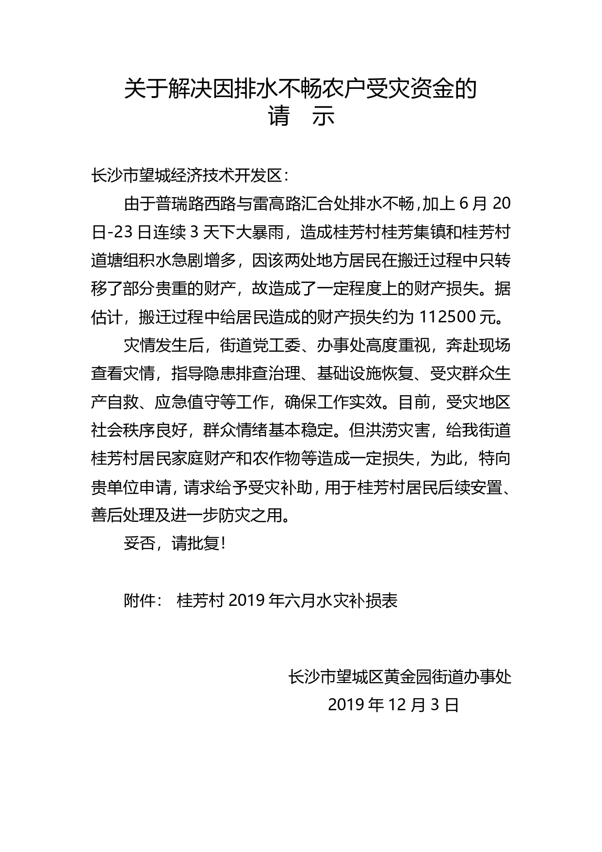 1203关于请求解决因排水不畅农户受灾资金的请示报告._第1页