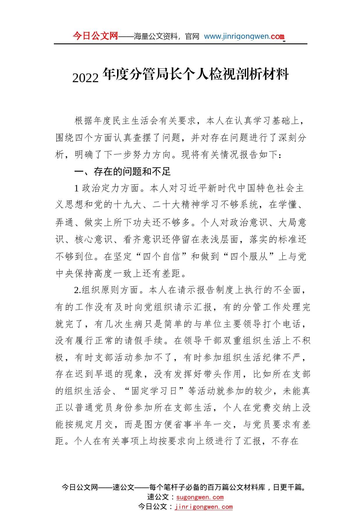 2022年度分管局长个人检视剖析材料_1_第1页