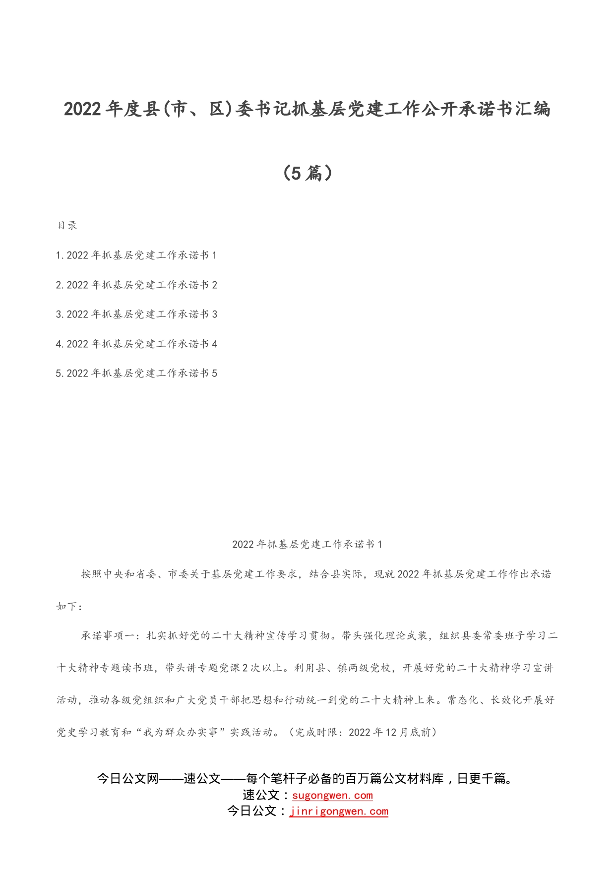 2022年度县(市、区)委书记抓基层党建工作公开承诺书汇编（5篇）_第1页