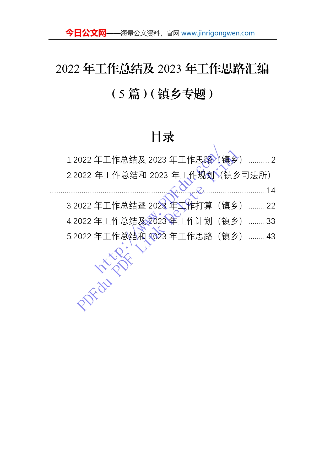 2022年工作总结及2023年工作思路汇编（5篇）（镇乡专题）_第1页