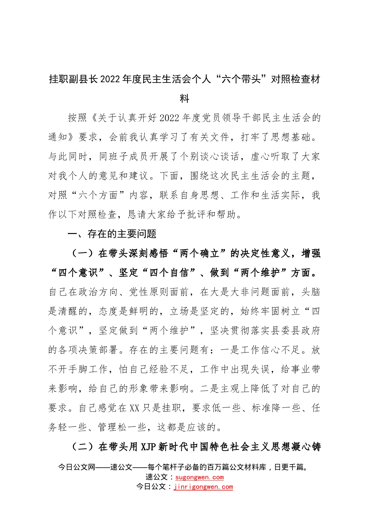 个人挂职副县长2022年度民主生活会个人“六个带头”对照检查材料—今日公文网794_第1页