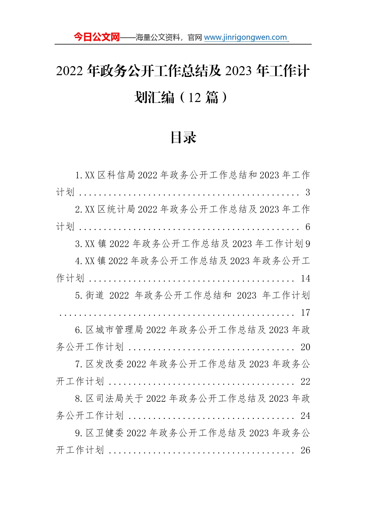 2022年政务公开工作总结及2023年工作计划汇编（12篇）_第1页