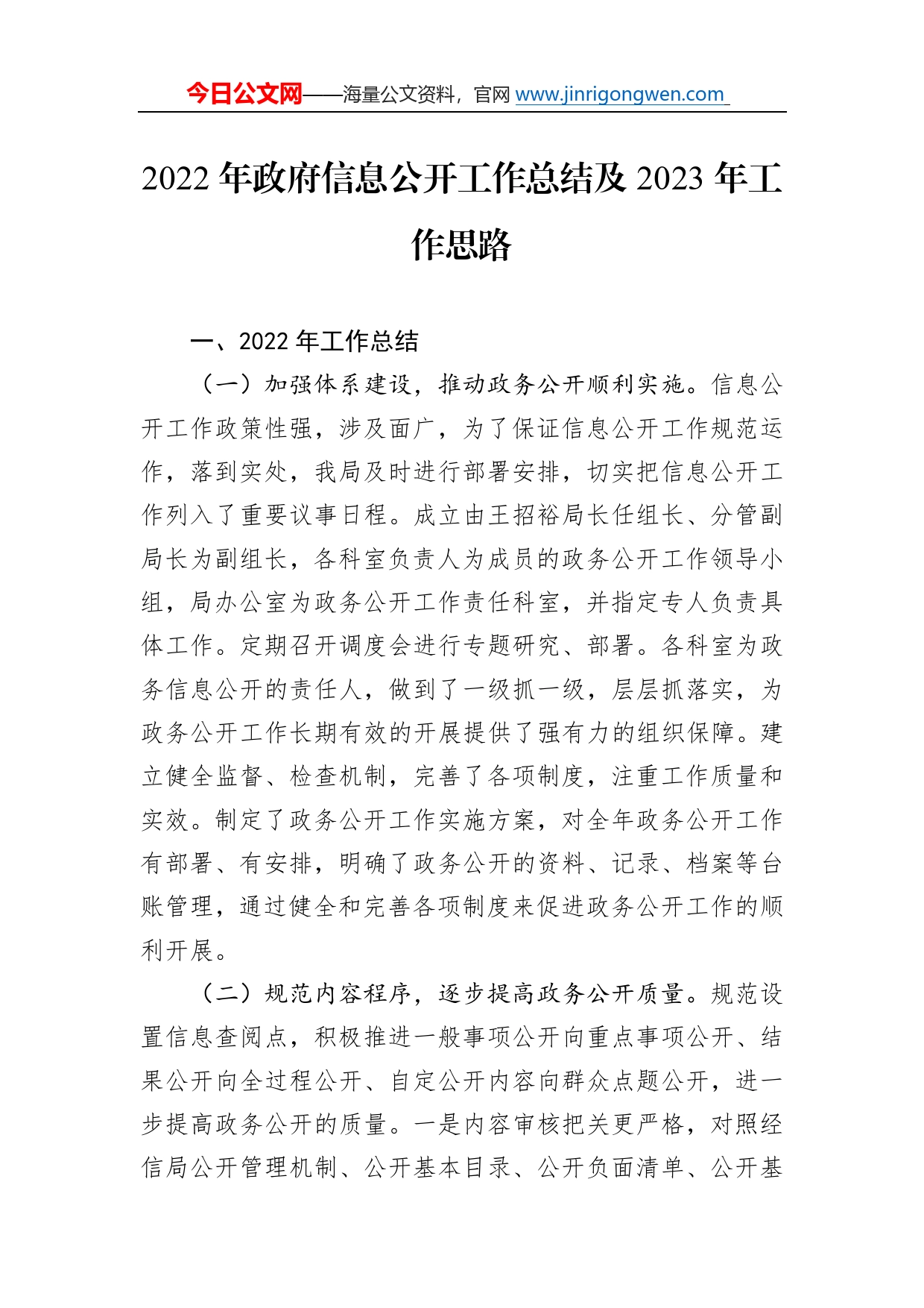 2022年政府信息公开工作总结及2023年工作思路515_第1页