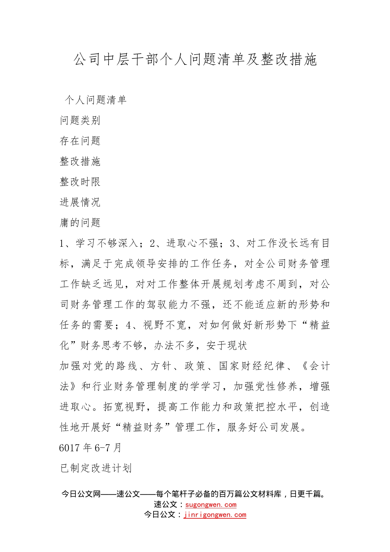 公司中层干部个人问题清单及整改措施_第1页