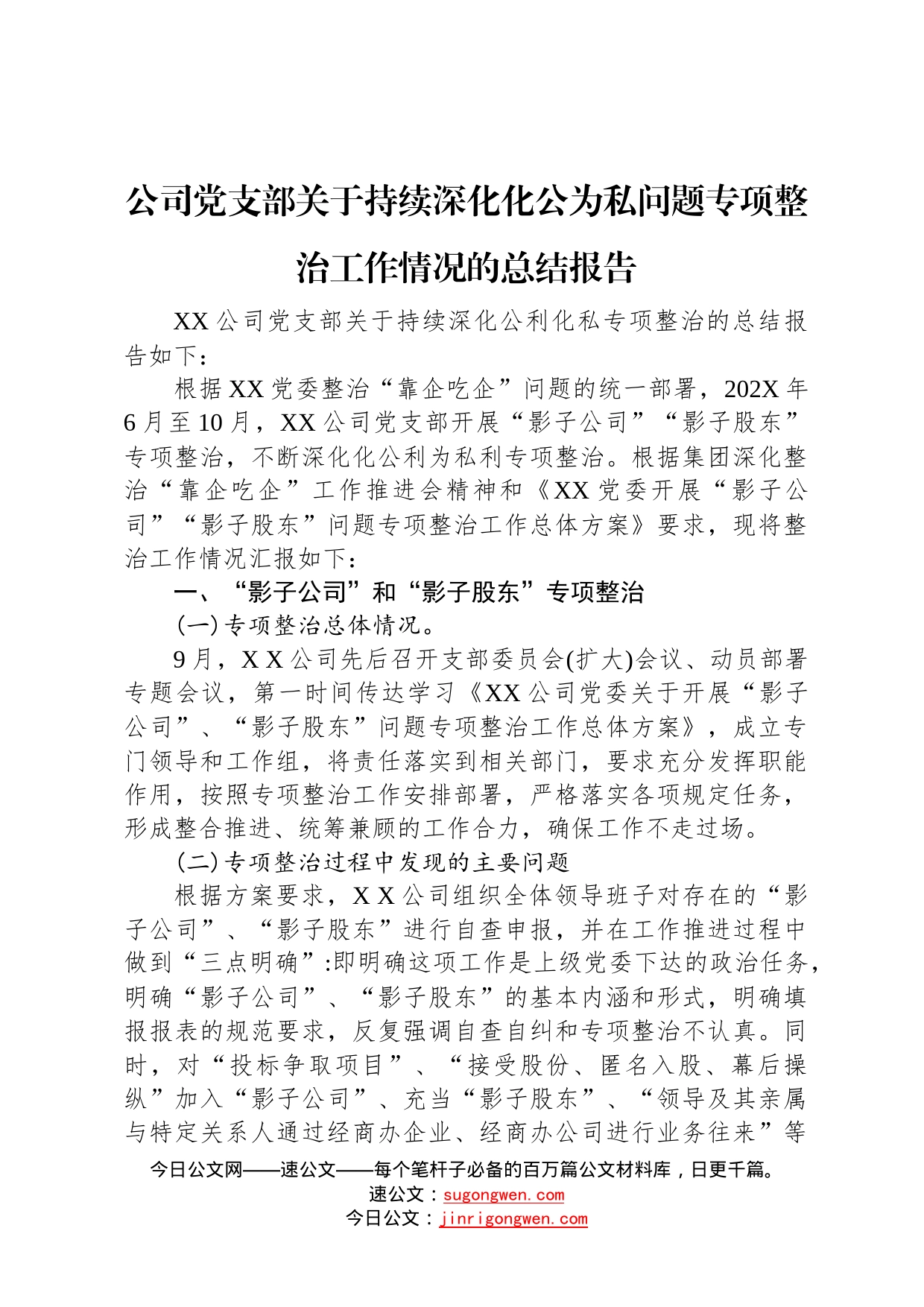 公司党支部关于持续深化化公为私问题专项整治工作情况的总结报告_第1页