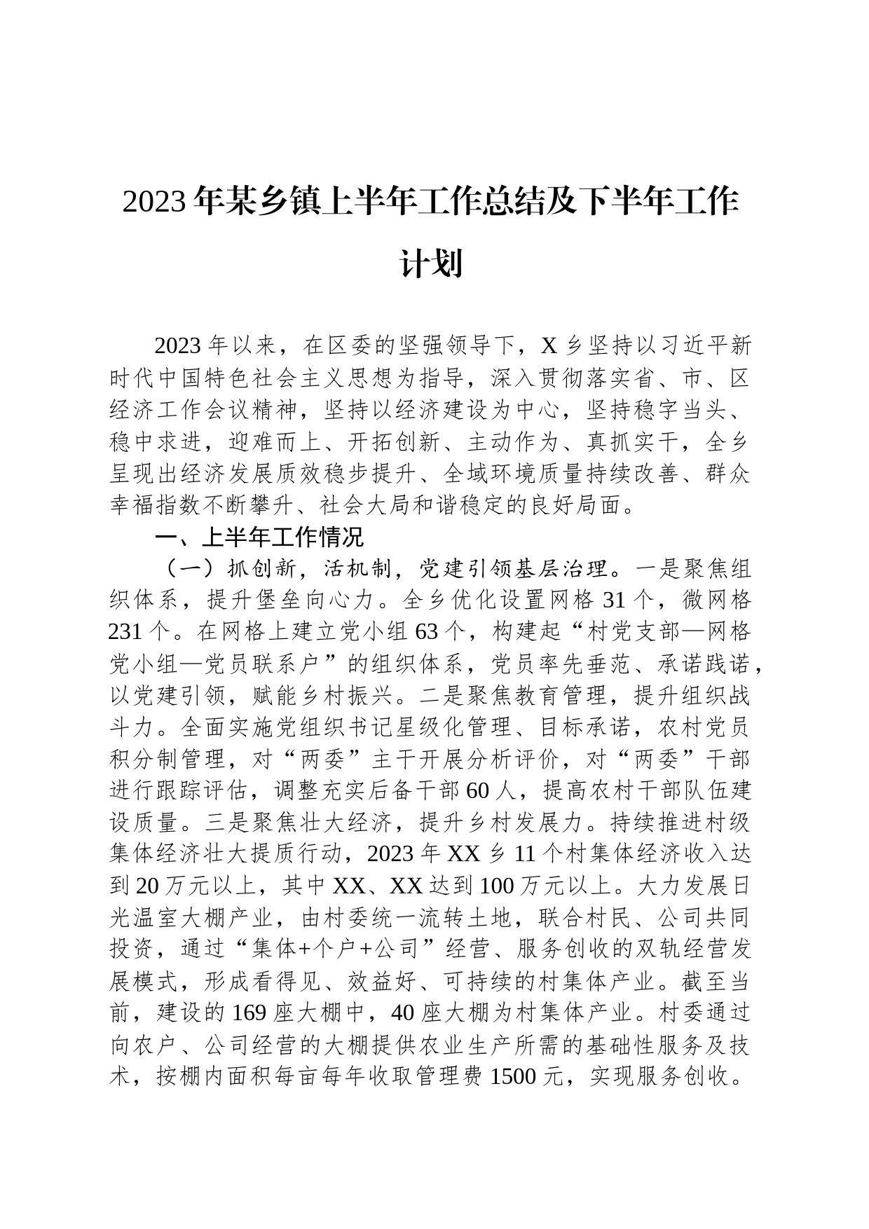 2023年某乡镇上半年工作总结及下半年工作计划_第1页