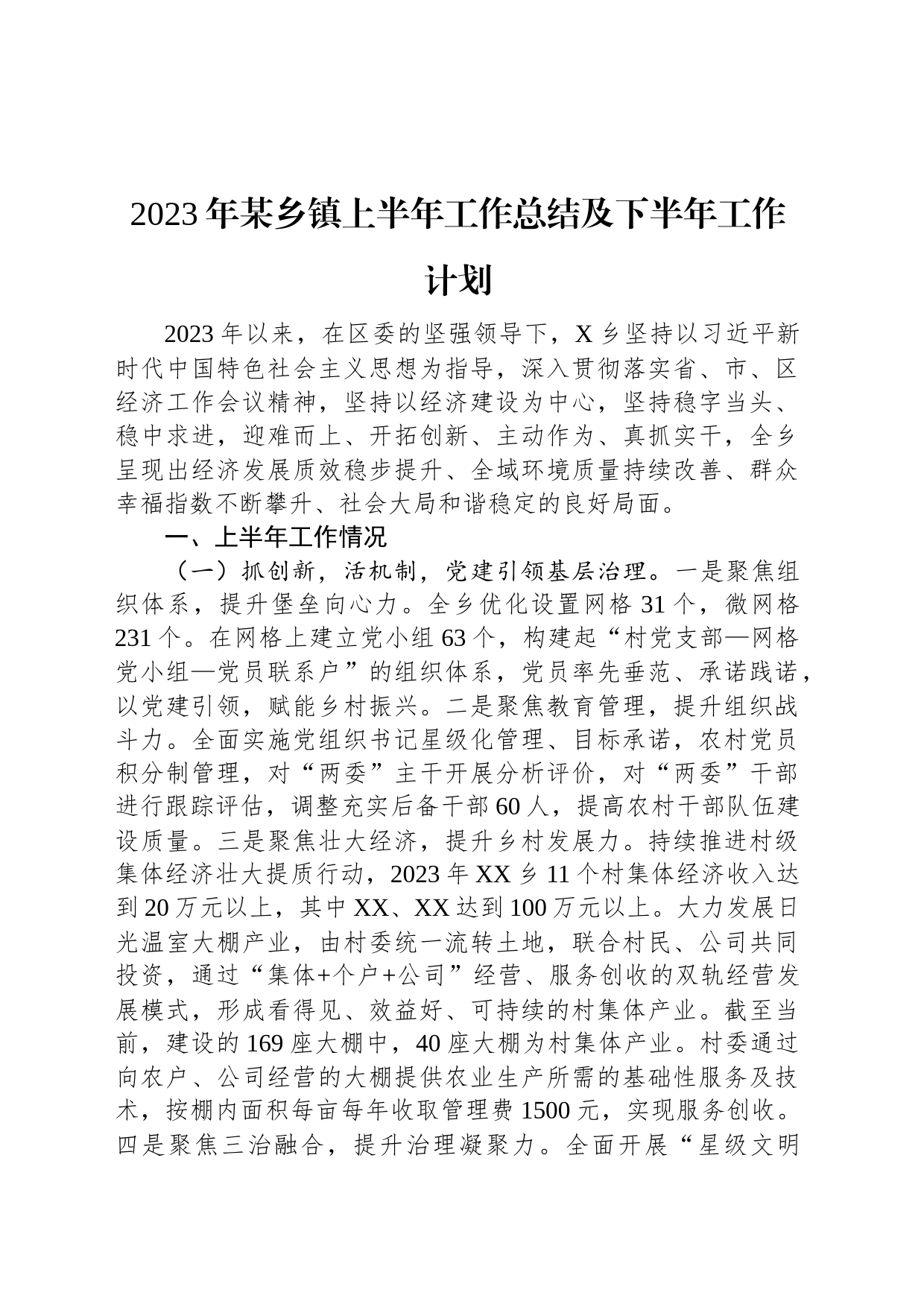 2023年某乡镇上半年工作总结及下半年工作计划_第1页