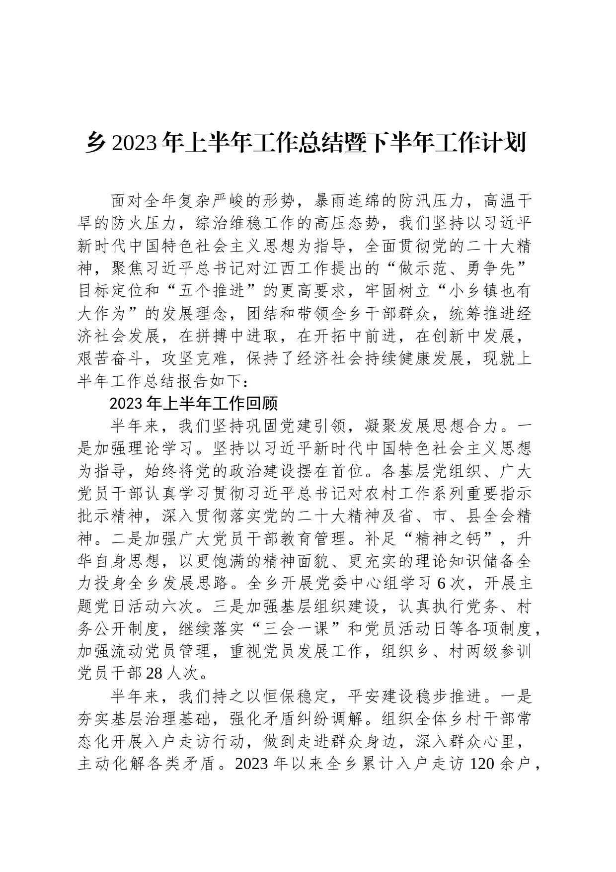 乡2023年上半年工作总结暨下半年工作计划（20230626）_第1页