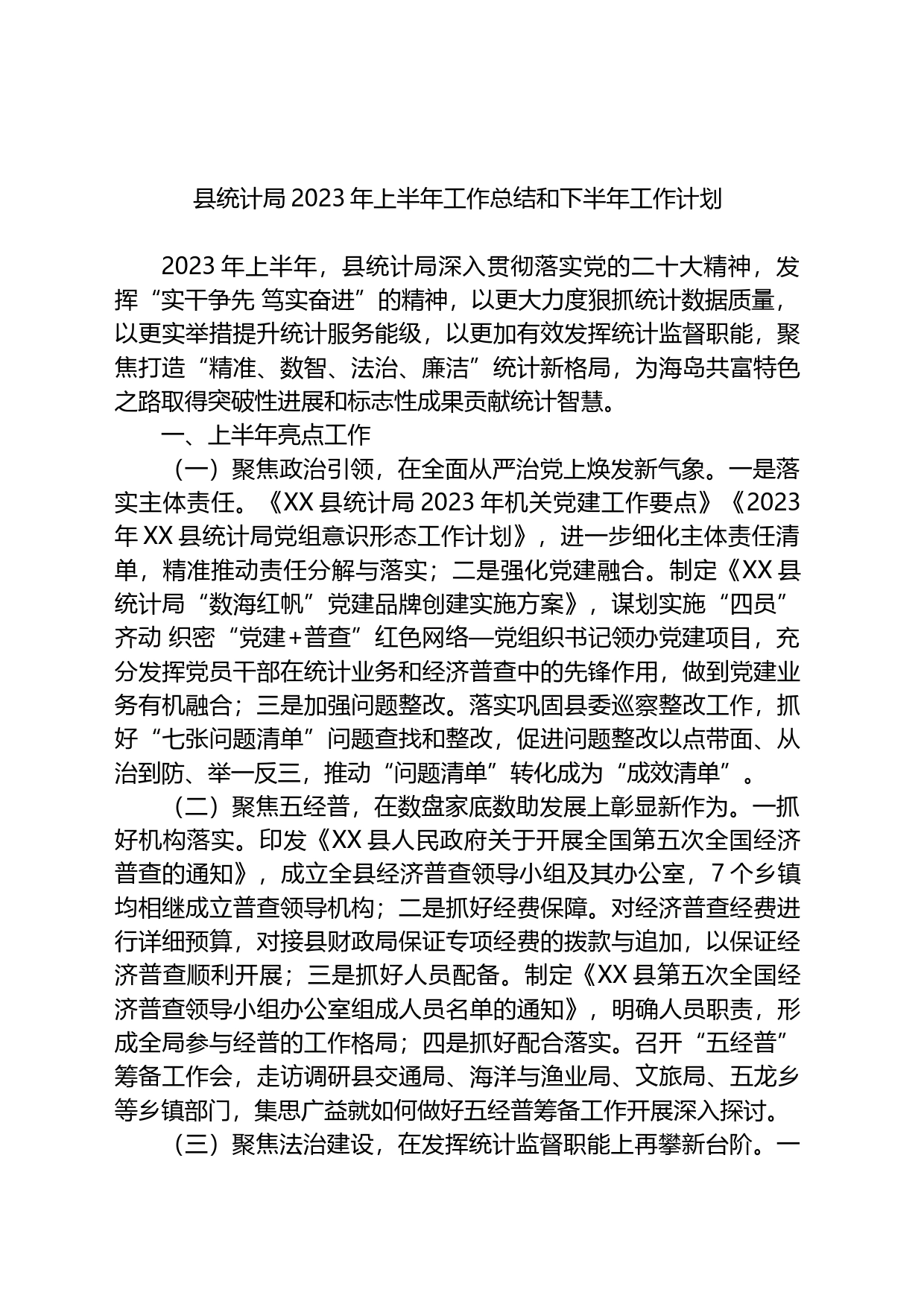 县统计局2023年上半年工作总结和下半年工作计划_第1页