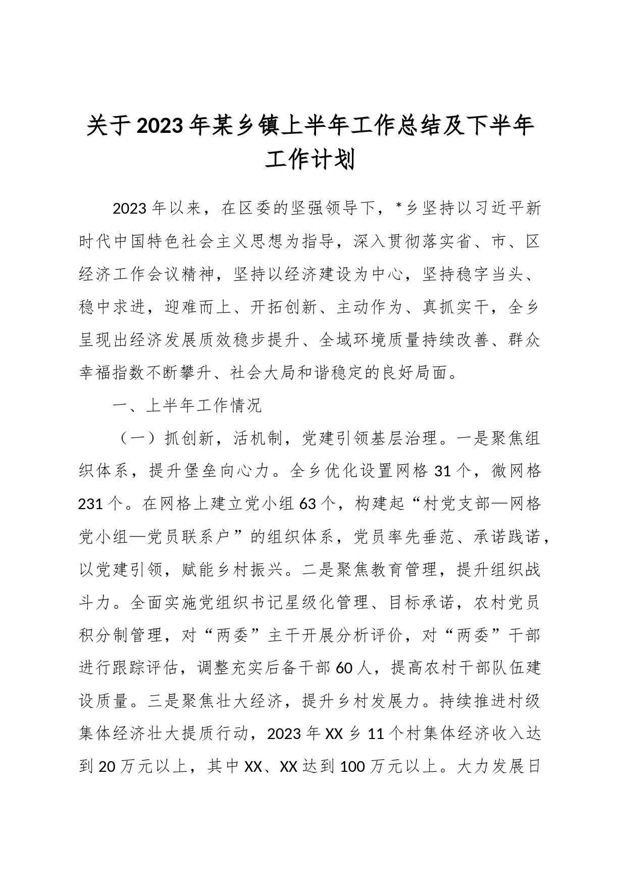 关于2023年某乡镇上半年工作总结及下半年工作计划_第1页