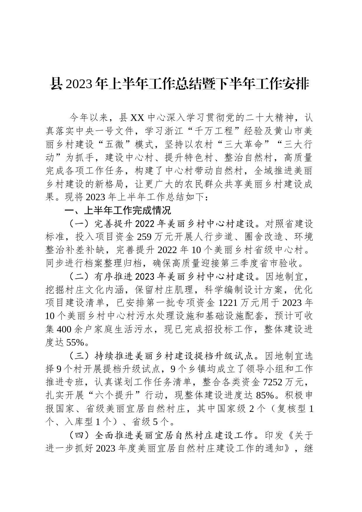 县2023年上半年工作总结暨下半年工作安排(20230613)_第1页