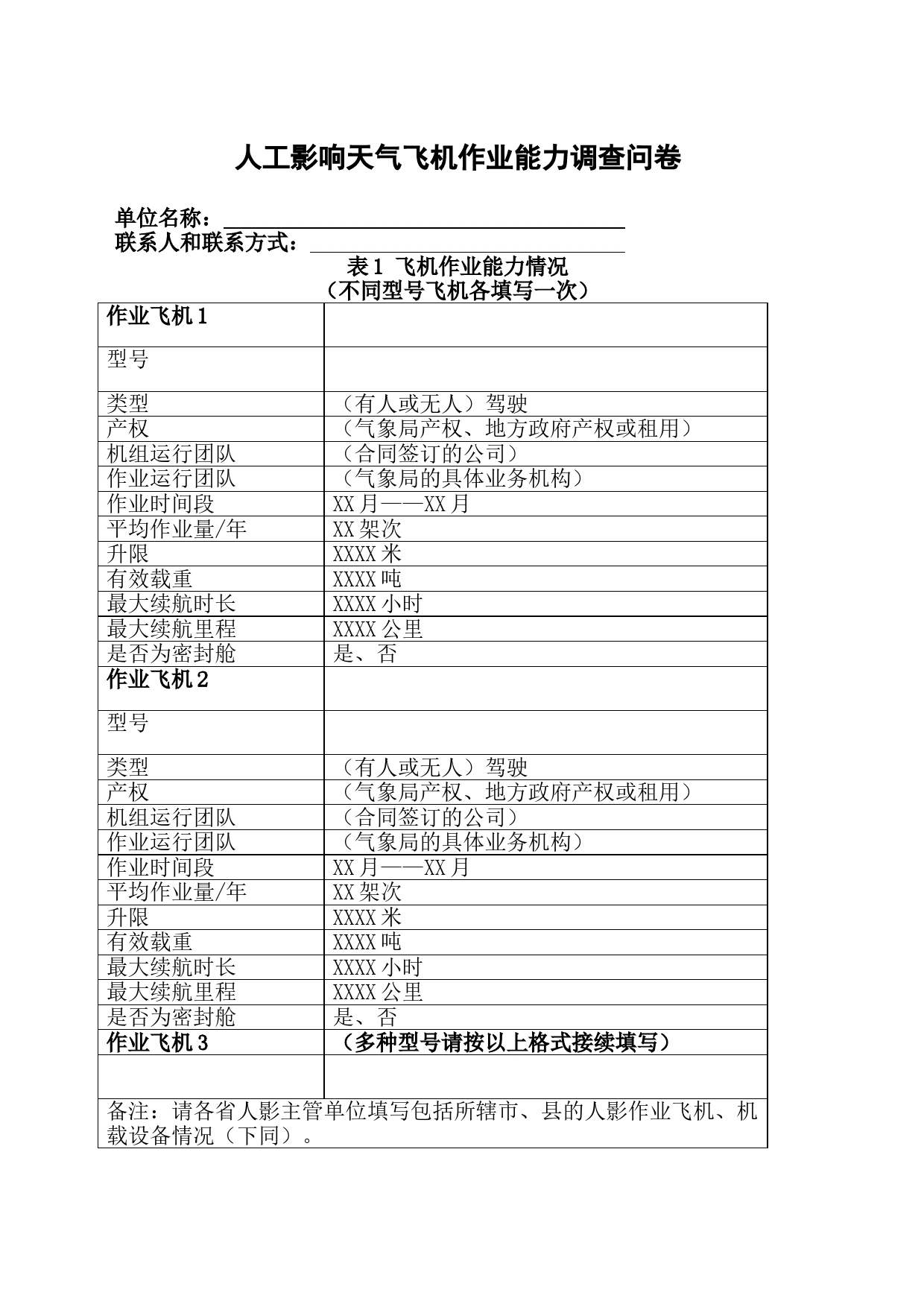 宁夏人工影响天气飞机作业能力调查问卷_第1页