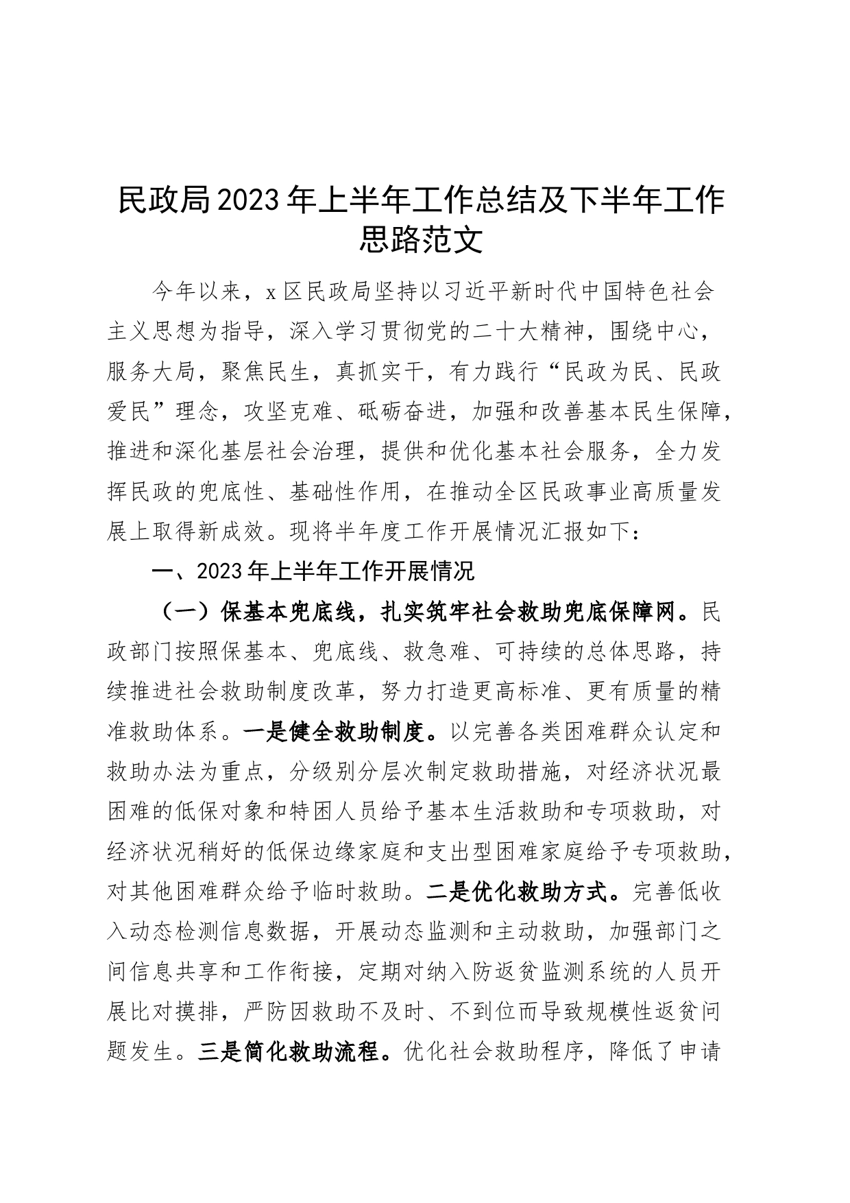 民政局2023年上半年工作总结及下半年计划（汇报报告）_第1页