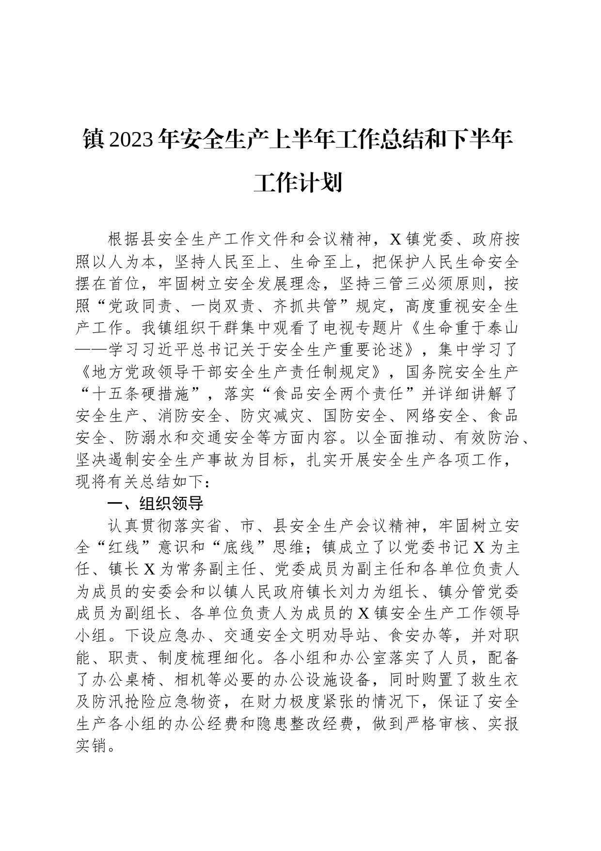 镇2023年安全生产上半年工作总结和下半年工作计划_第1页