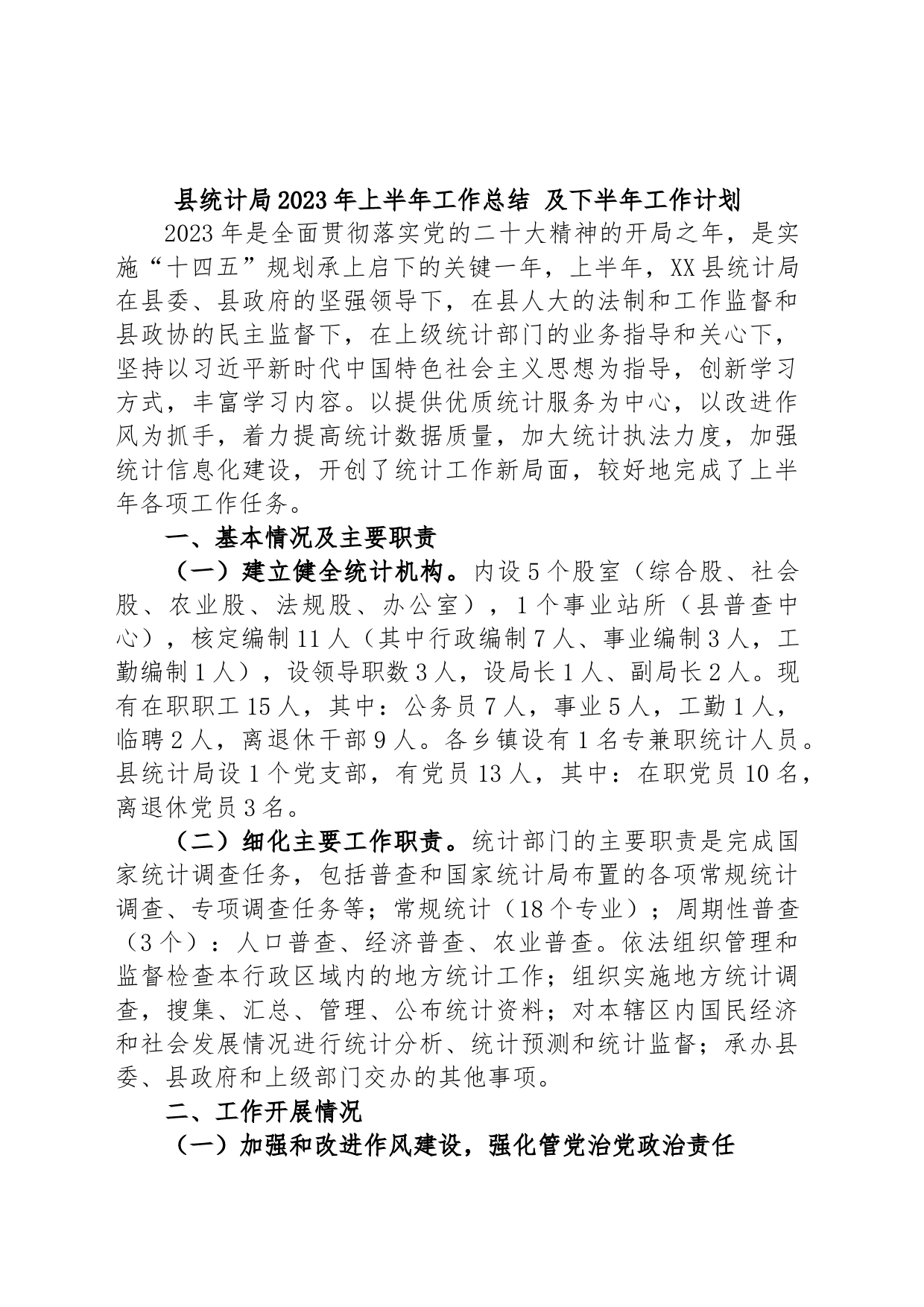 县统计局2023年上半年工作总结 及下半年工作计划_第1页