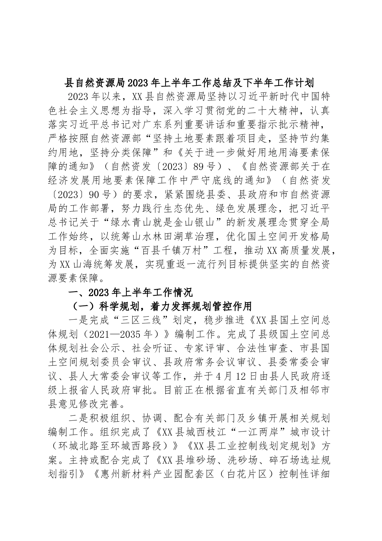 县自然资源局2023年上半年工作总结及下半年工作计划_第1页