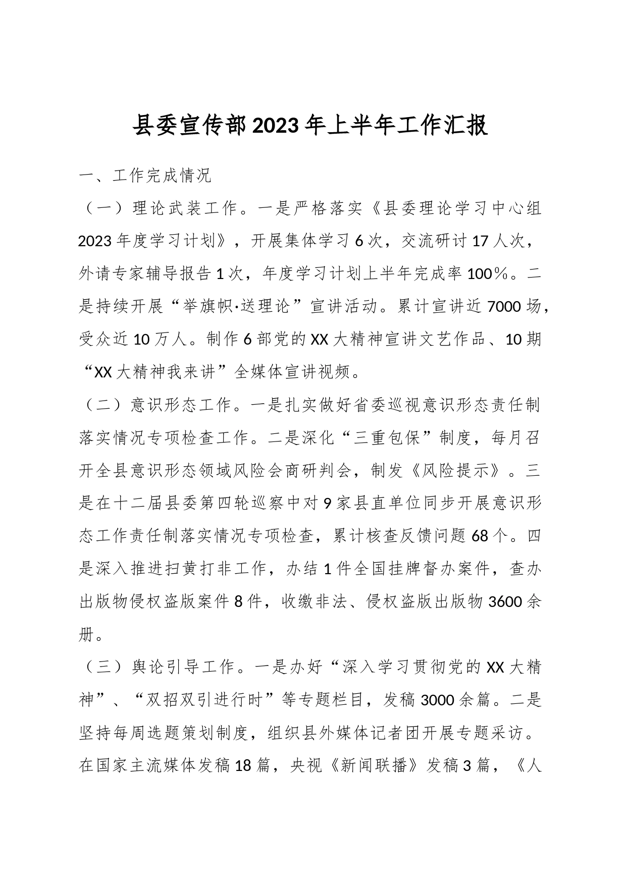 县委宣传部2023年上半年工作汇报_第1页