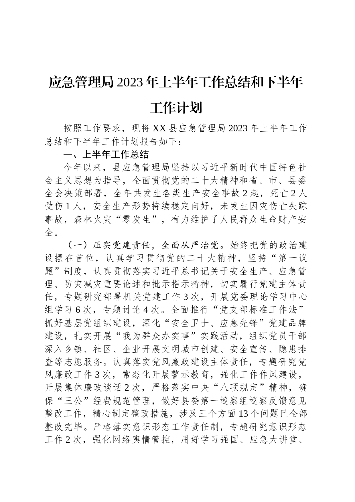 应急管理局2023年上半年工作总结和下半年工作计划_第1页