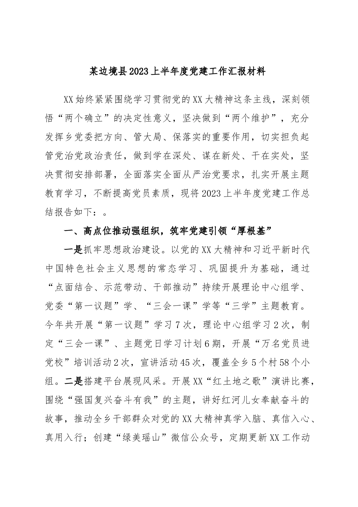 某边境县2023上半年度党建工作汇报材料_第1页