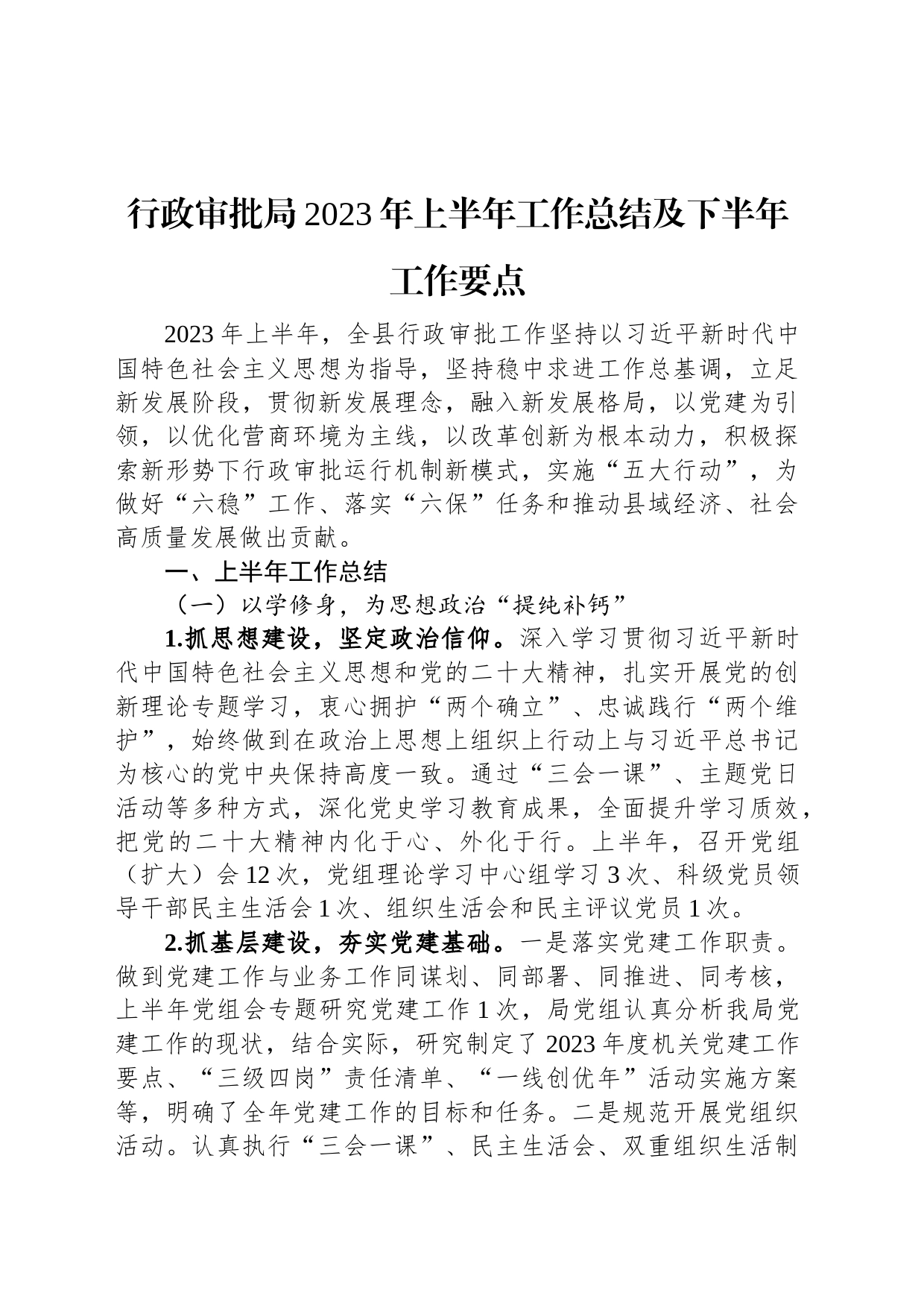 行政审批局2023年上半年工作总结及下半年工作要点_第1页