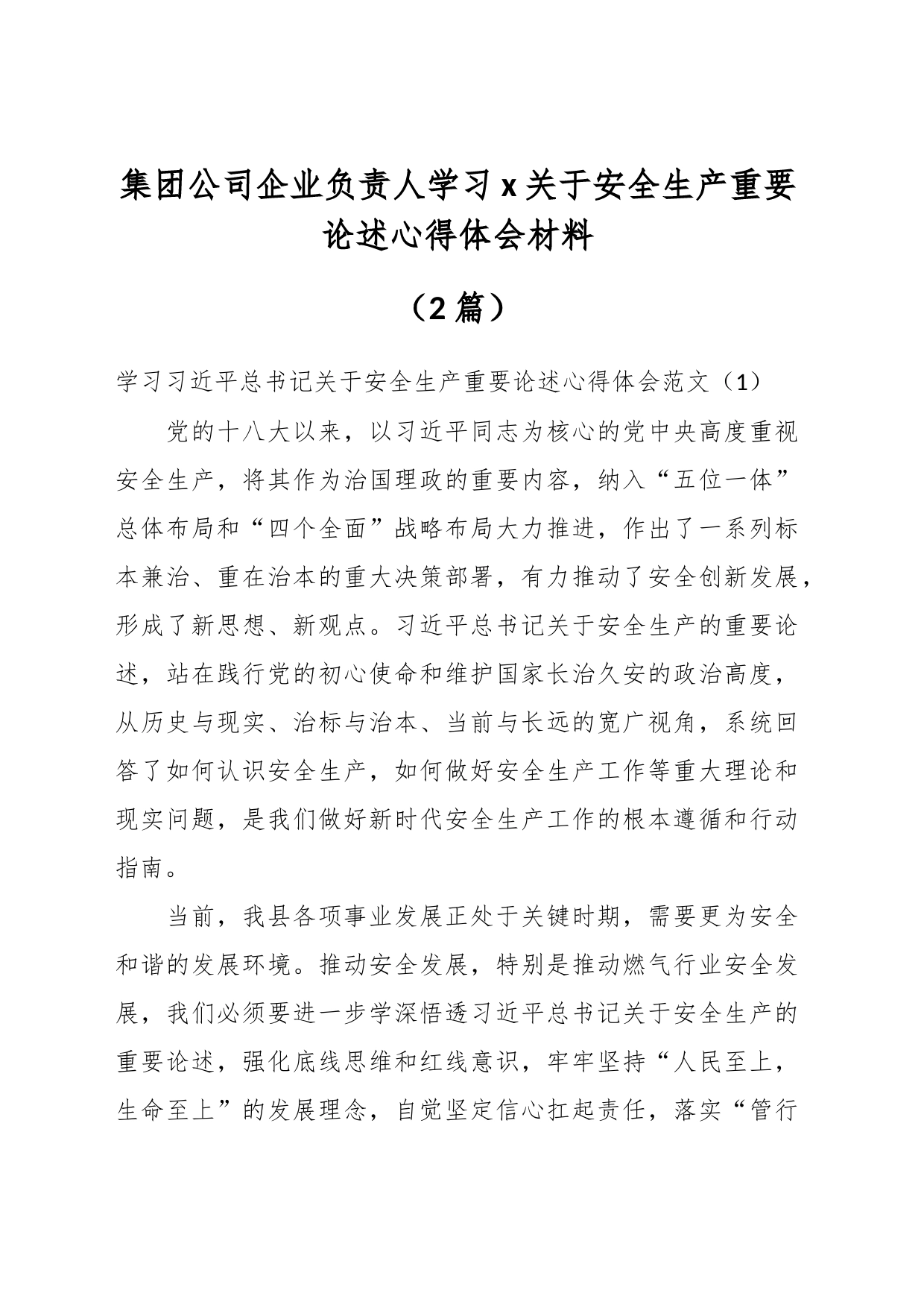 （2篇）XX集团公司企业负责人学习x关于安全生产重要论述心得体会材料_第1页