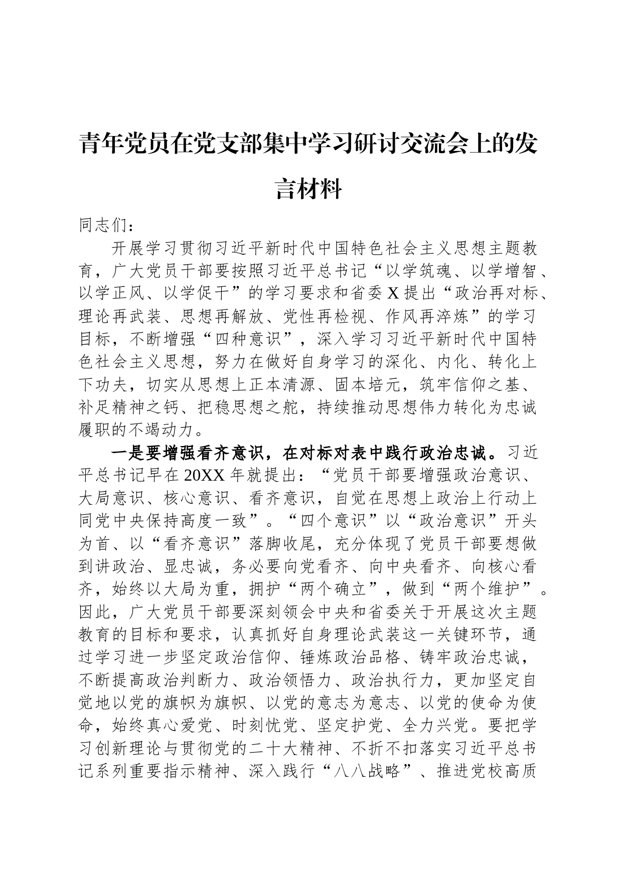 青年党员在党支部集中学习研讨交流会上的发言材料_第1页