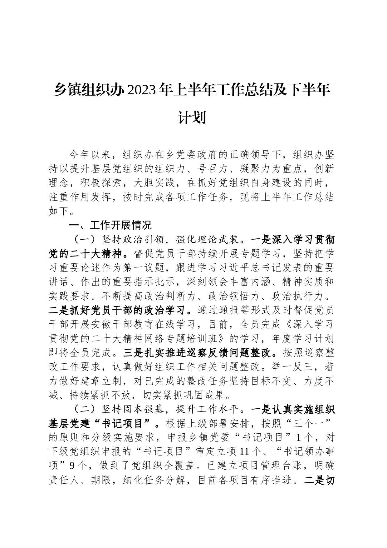 乡镇街道组织办2023年上半年工作总结及下半年计划_第1页