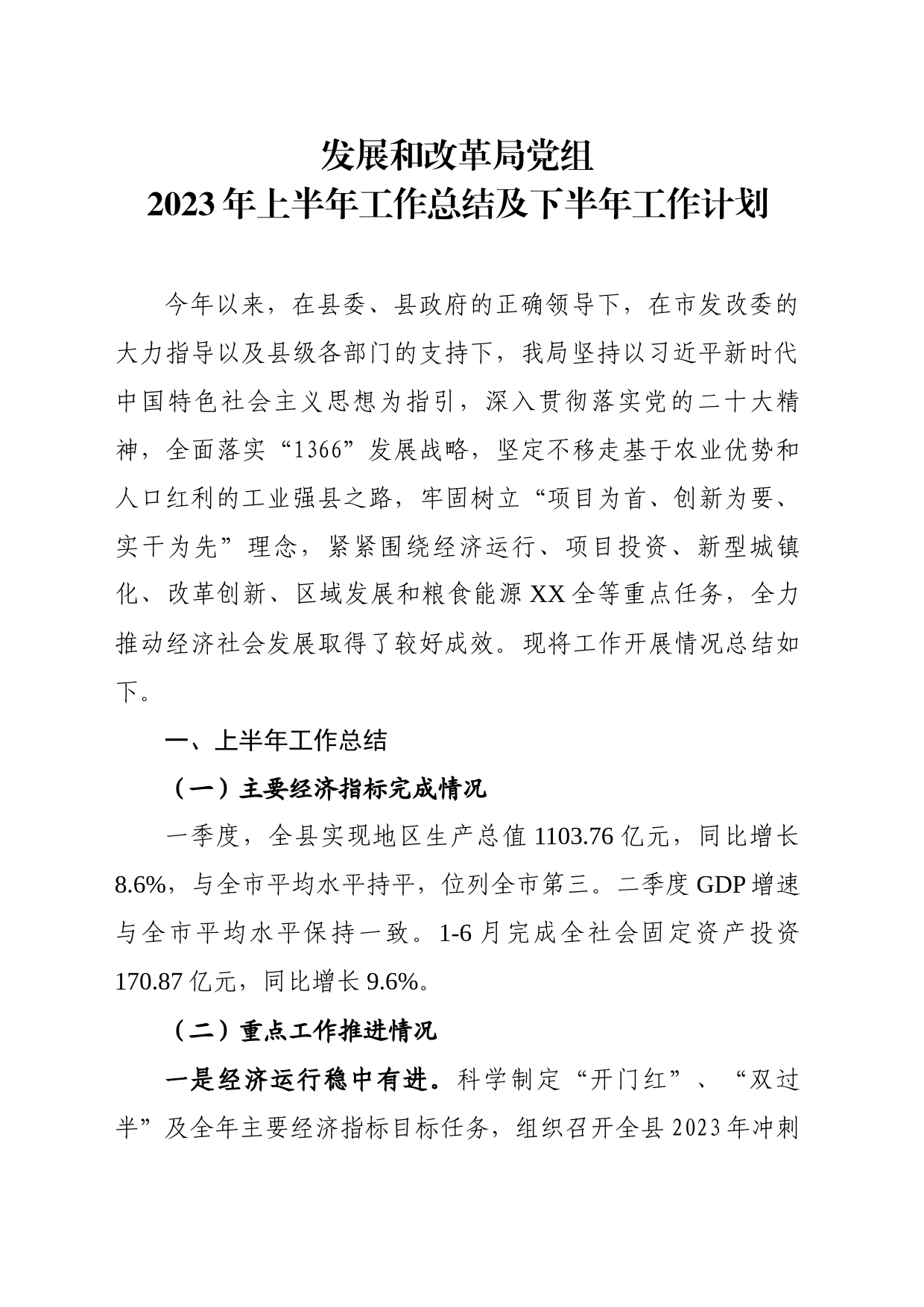发改局党组2023年上半年工作总结及下半年工作计划_第1页