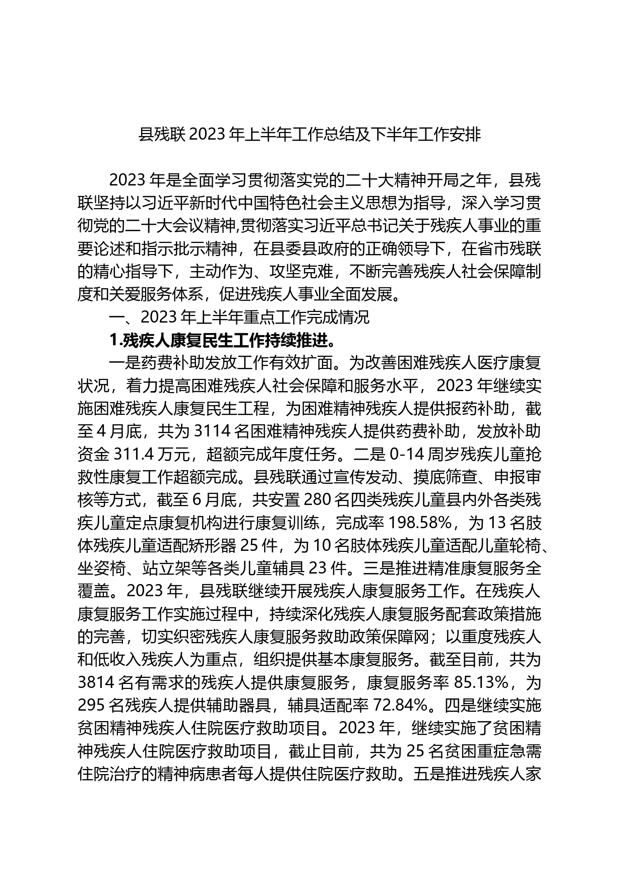 县残联2023年上半年工作总结及下半年工作安排_第1页