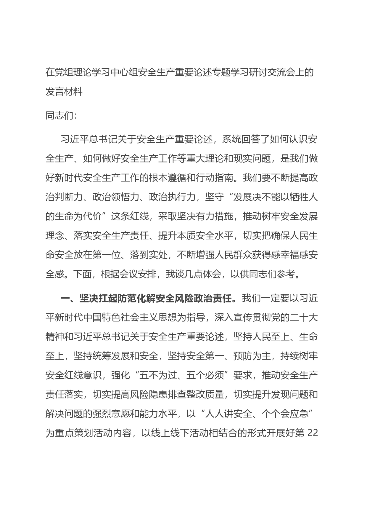 在党组理论学习中心组安全生产重要论述专题学习研讨交流会上的发言材料_第1页