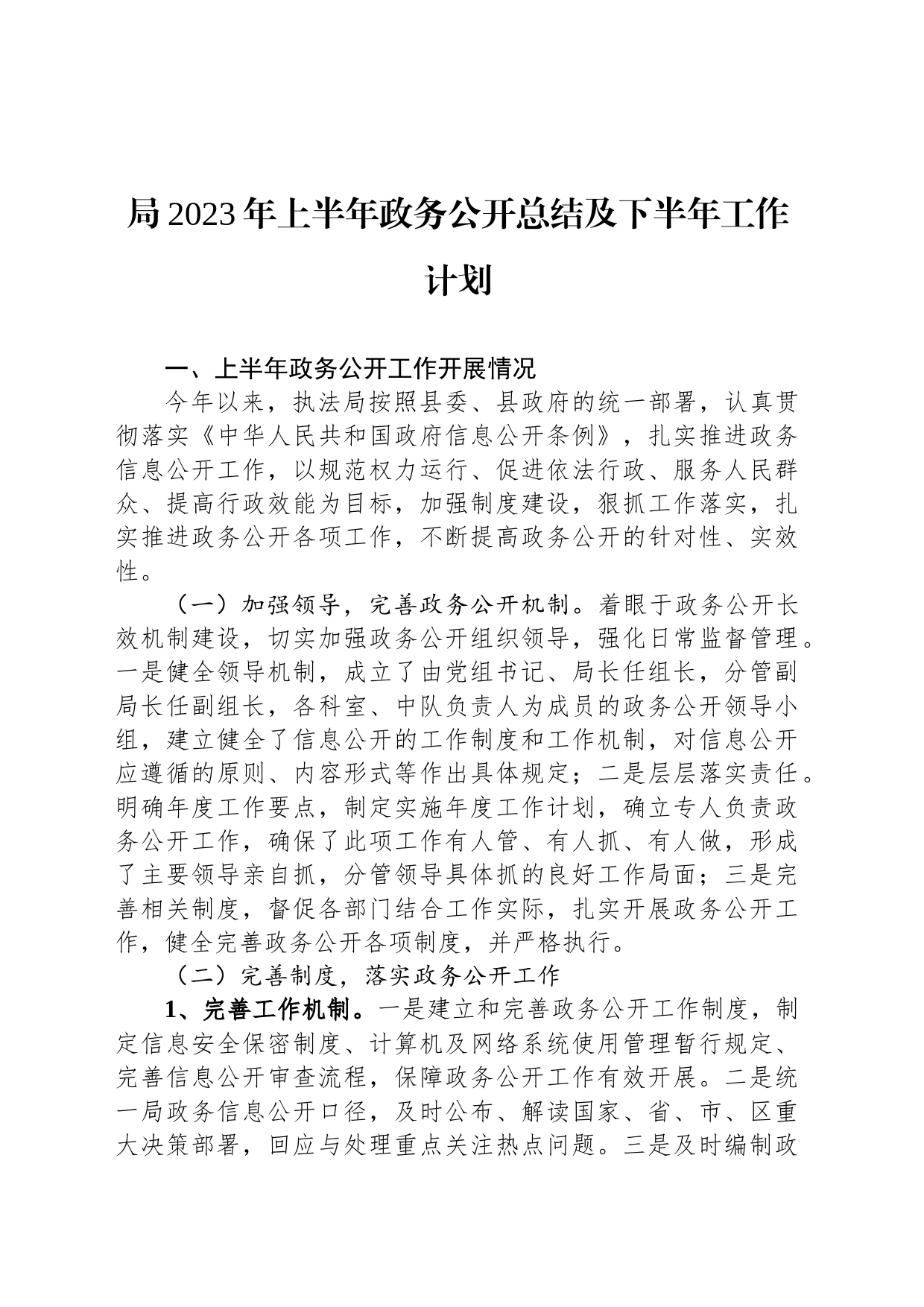 局2023年上半年政务公开总结及下半年工作计划_第1页