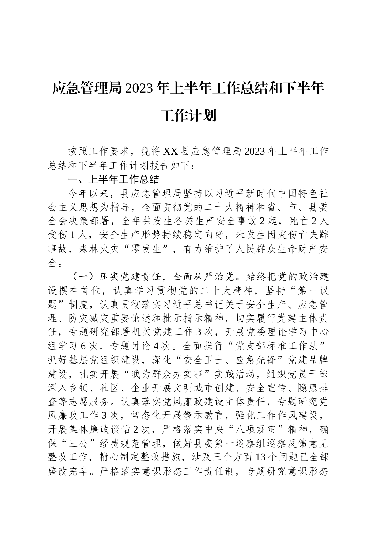 应急管理局2023年上半年工作总结和下半年工作计划_第1页