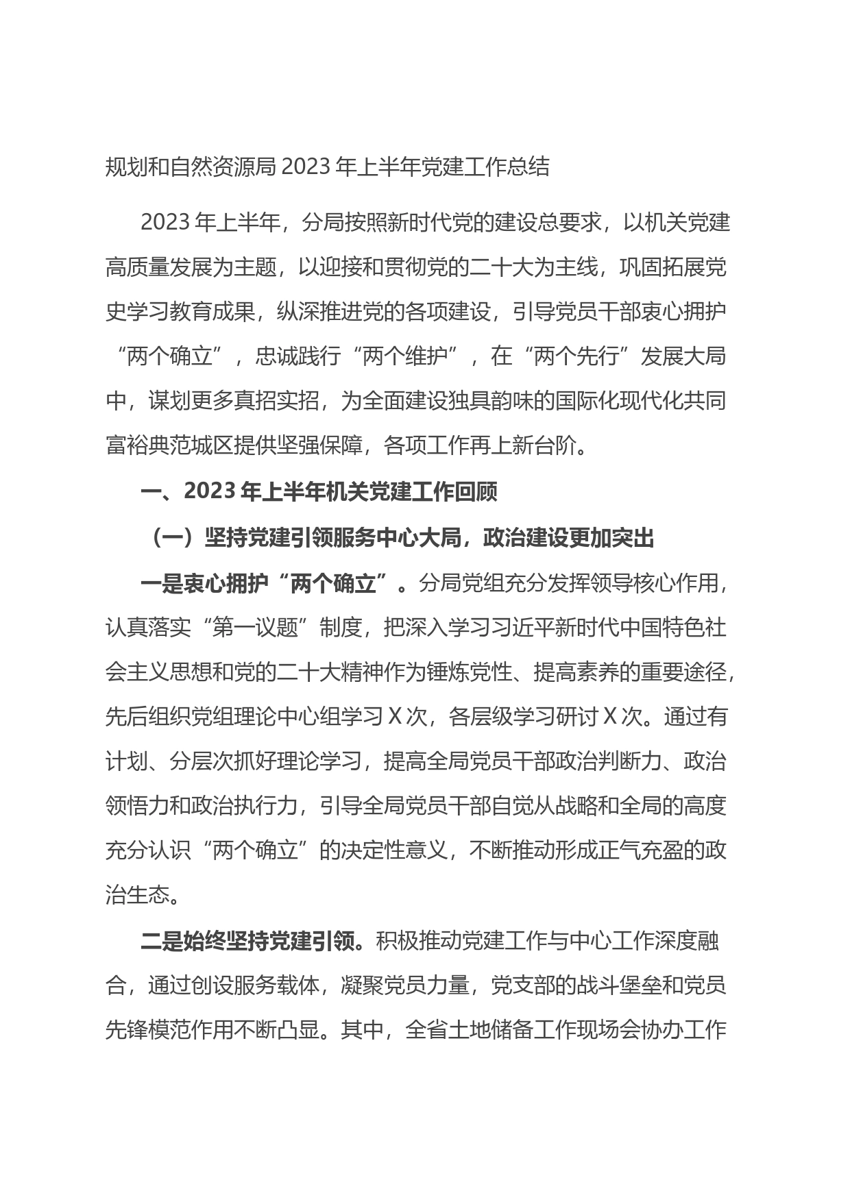 规划和自然资源局2023年上半年党建工作总结_第1页