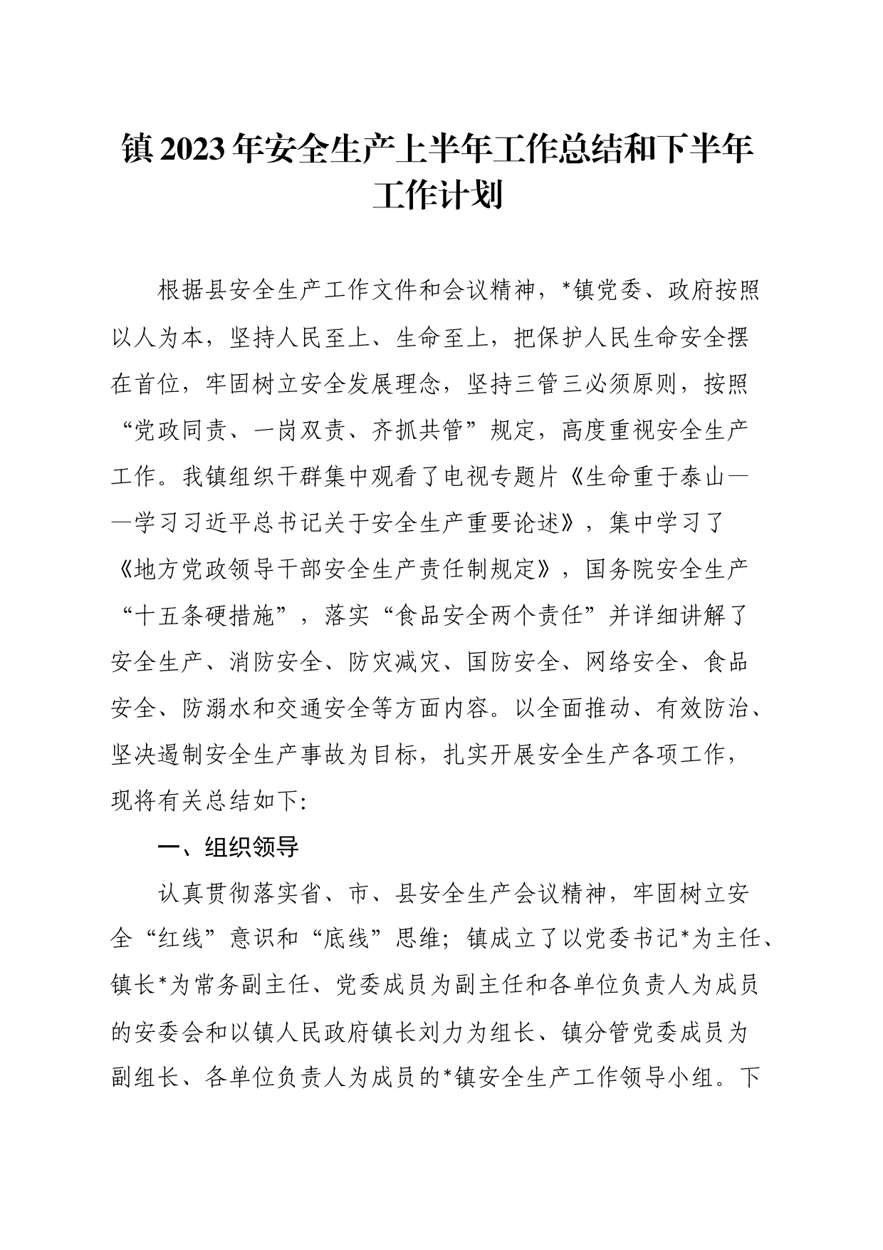 镇2023年安全生产上半年工作总结和下半年工作计划_第1页