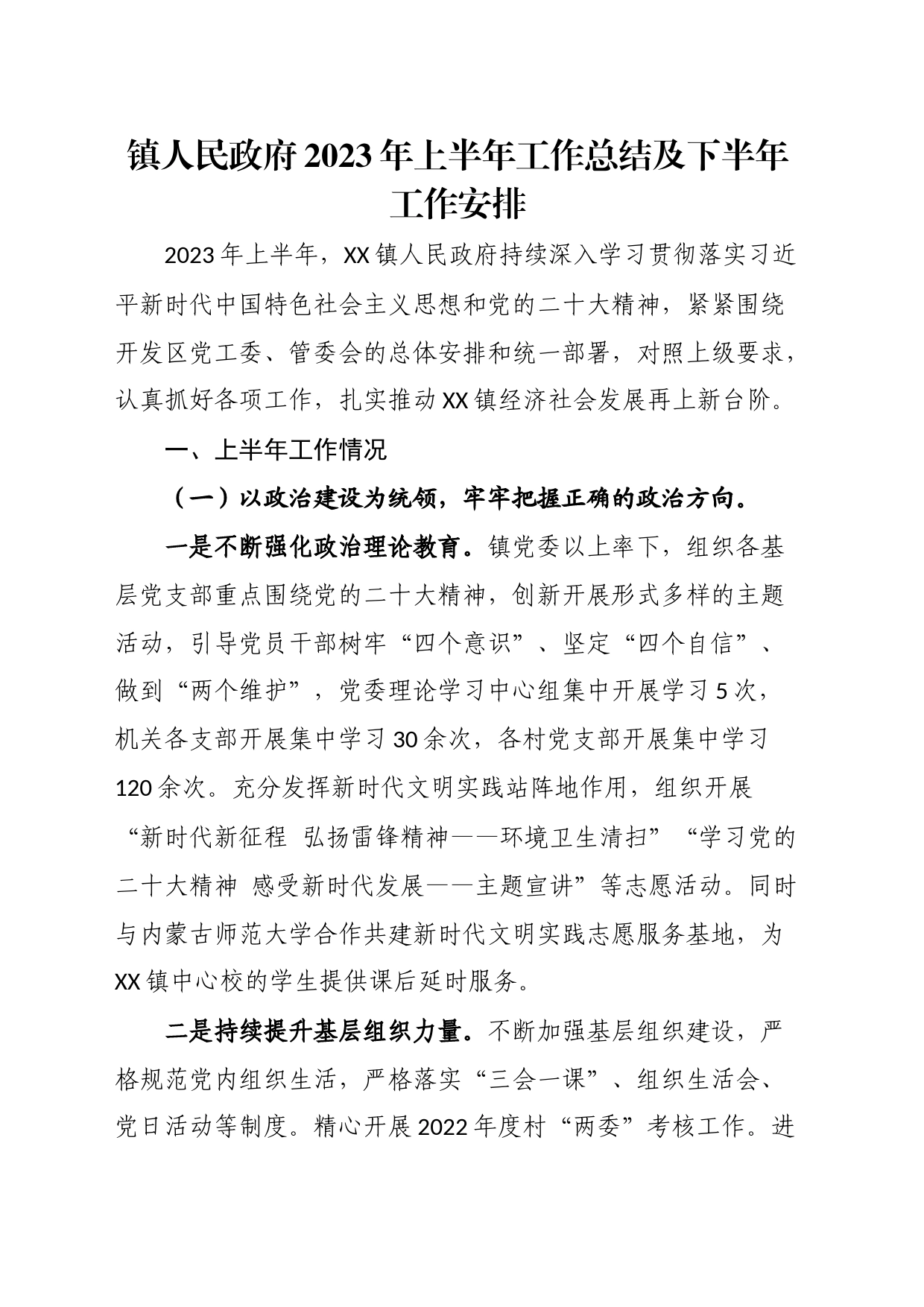 镇人民政府2023年上半年工作总结及下半年工作安排_第1页