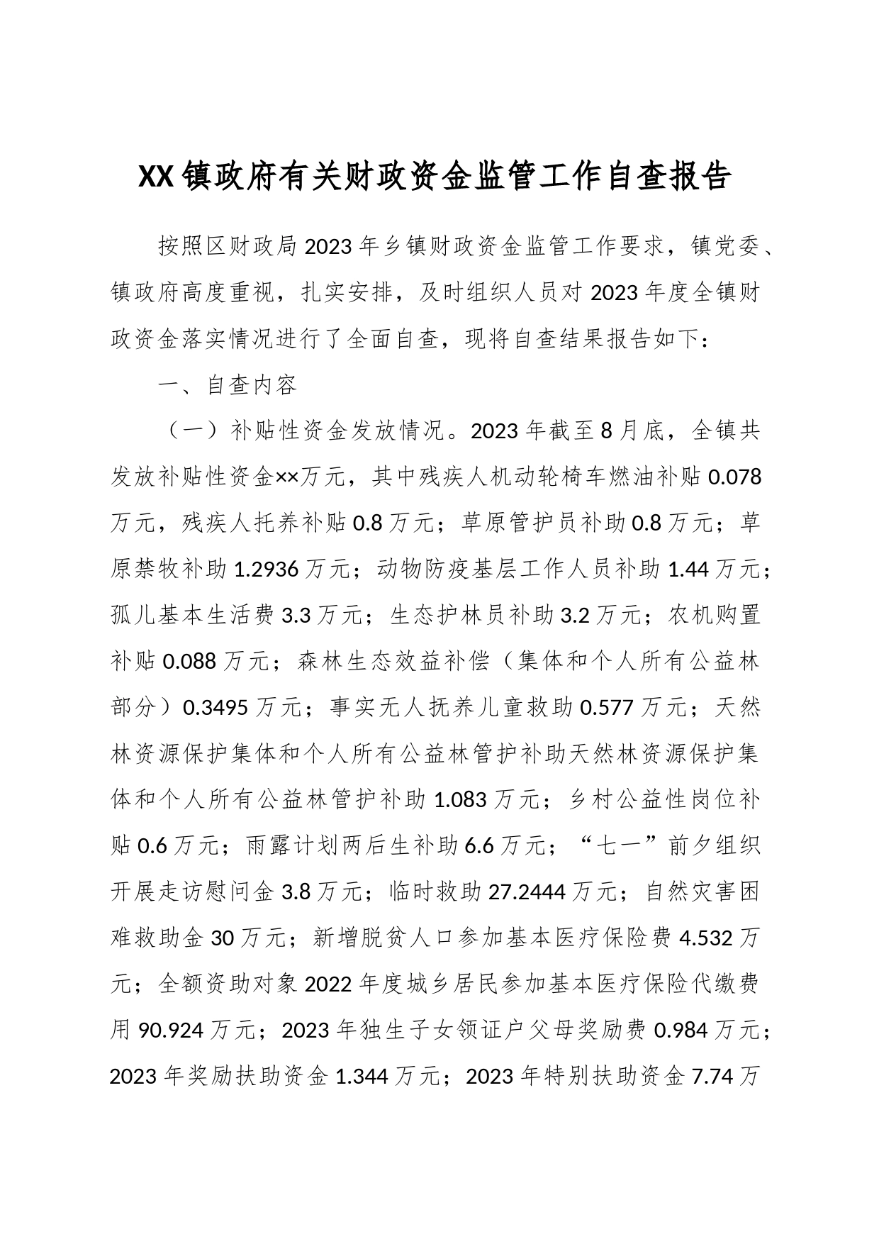 XX镇政府有关财政资金监管工作自查报告_第1页