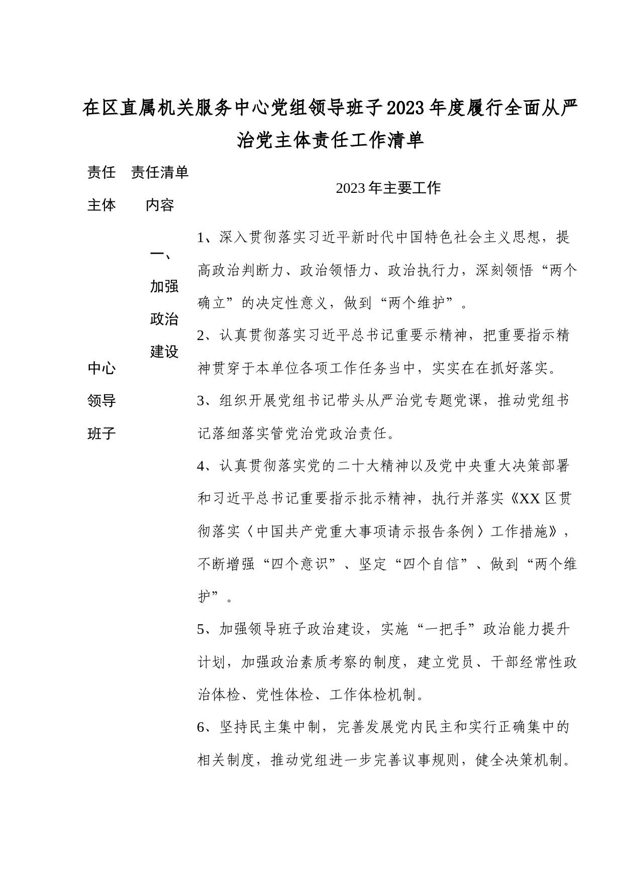 在区直属机关服务中心党组领导班子2023年度履行全面从严治党主体责任工作清单_第1页