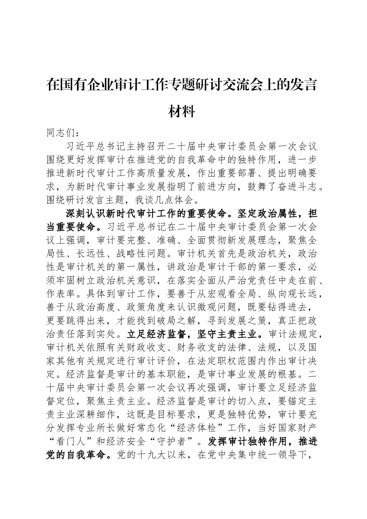 在国有企业审计工作专题研讨交流会上的发言材料_第1页