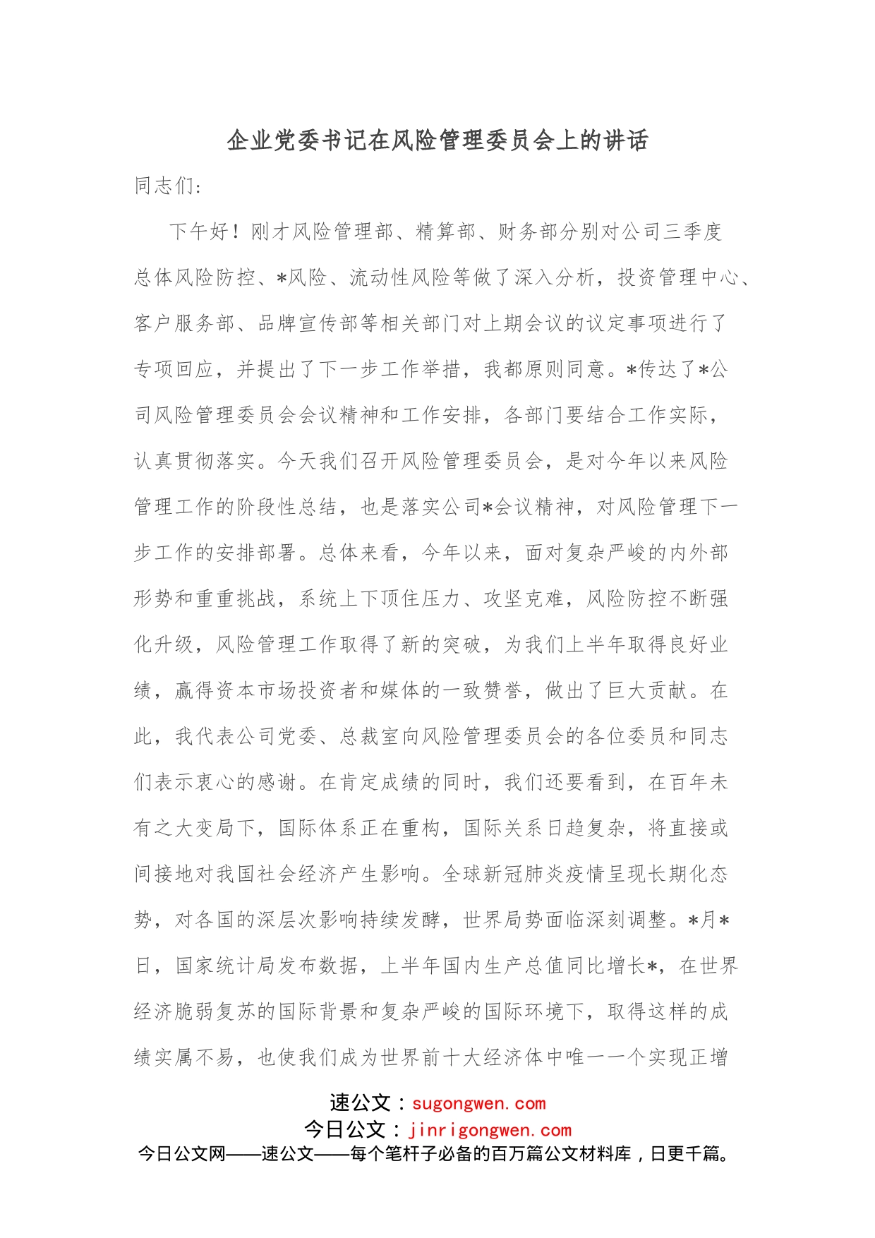 企业党委书记在风险管理委员会上的讲话_第1页