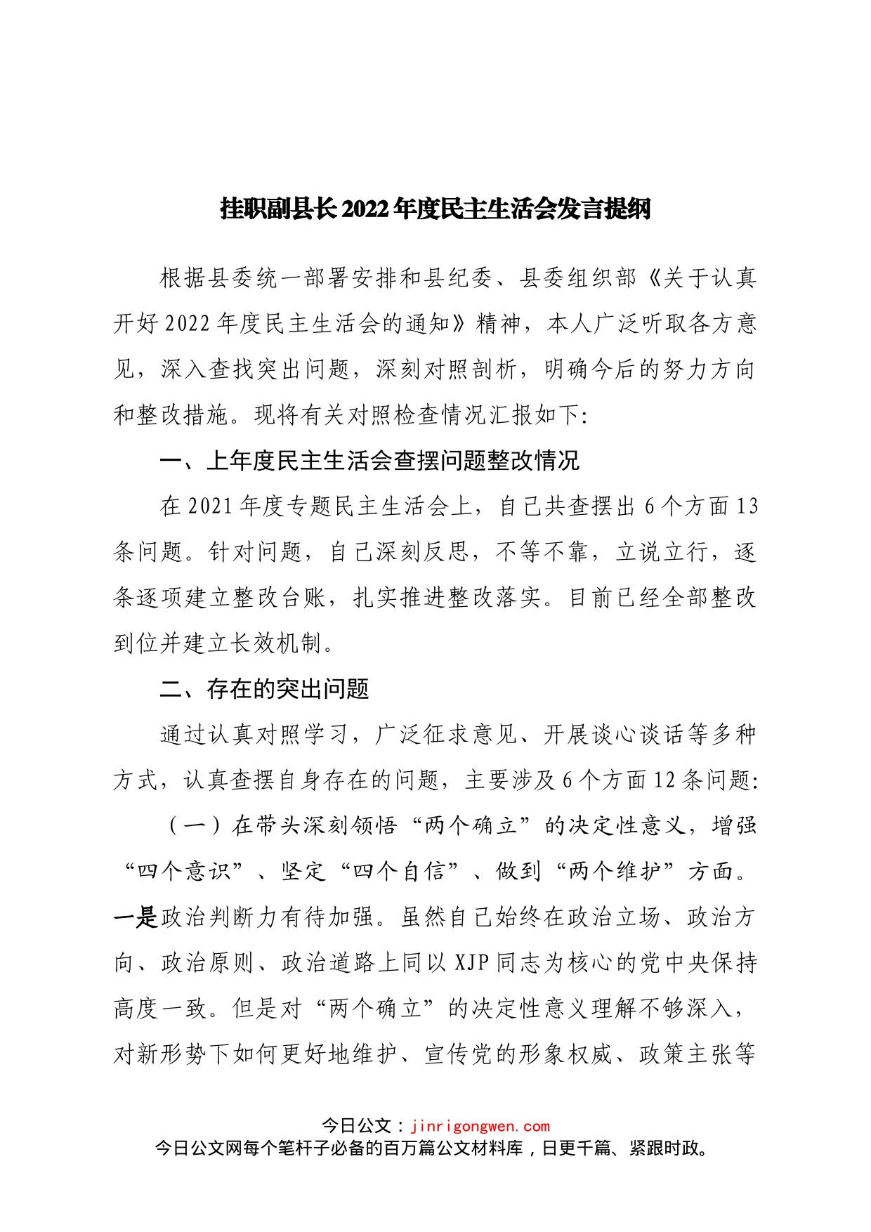 个人挂职副县长2022年度民主生活会发言提纲_第1页