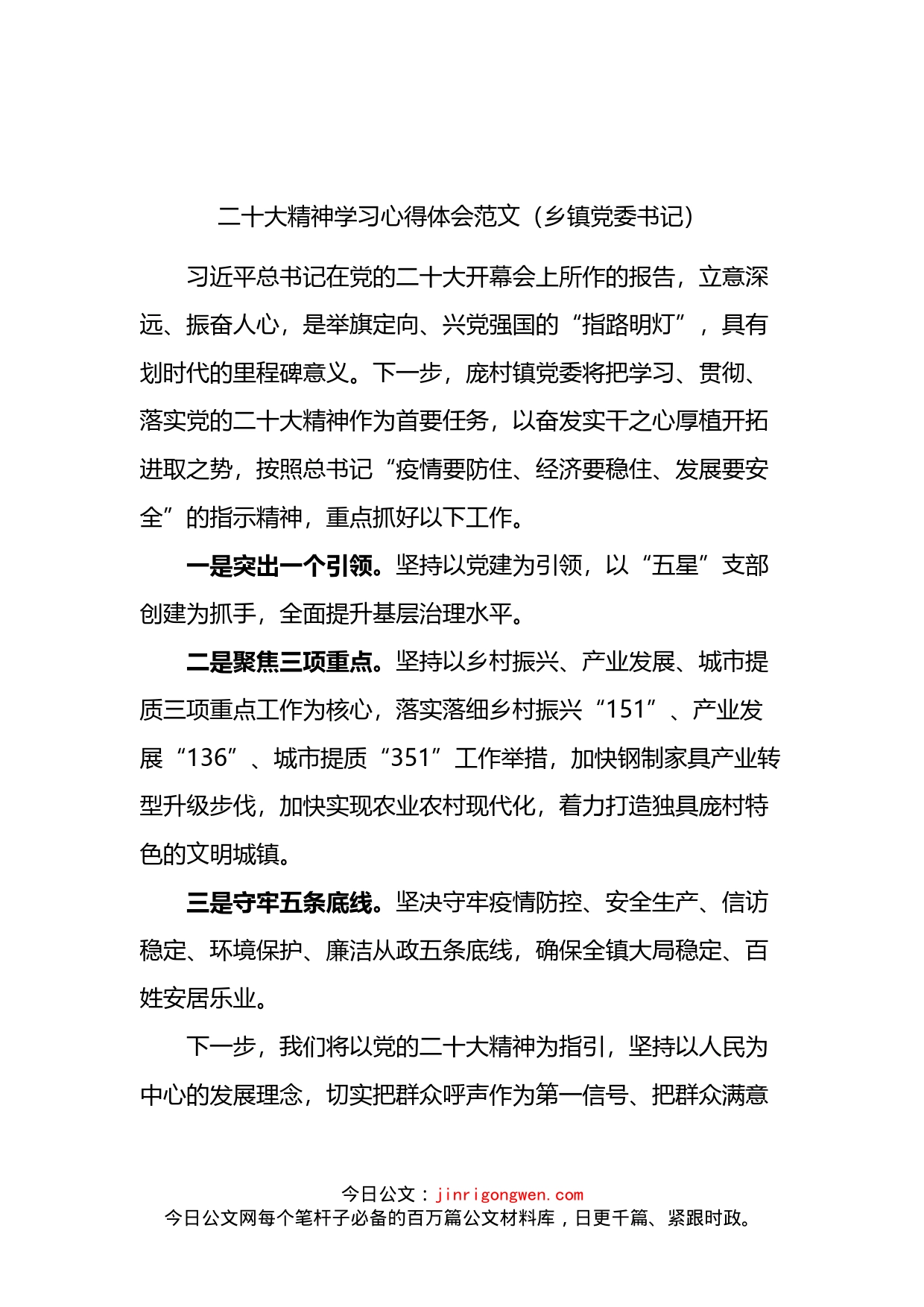 二十大精神学习心得体会范文（乡镇党委书记）_第1页