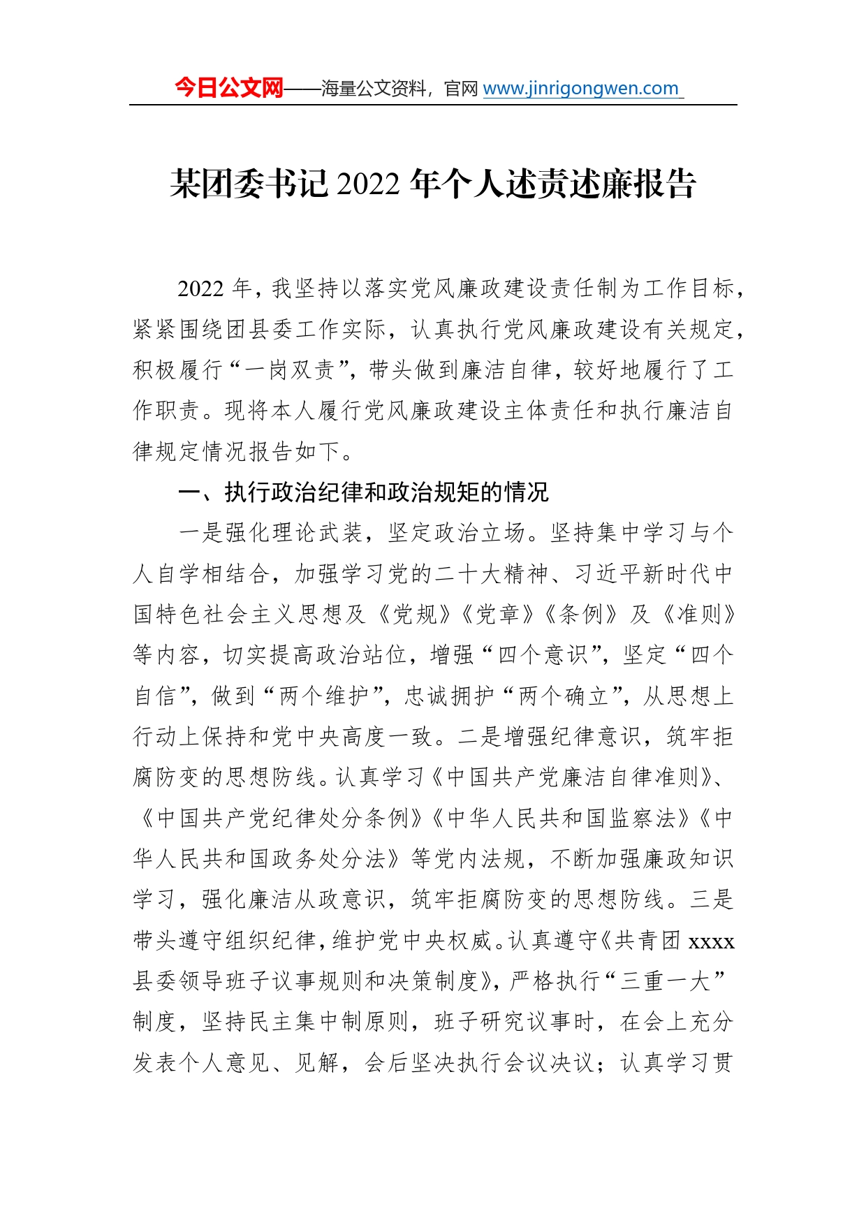 某团委书记2022年个人述责述廉报告425_第1页