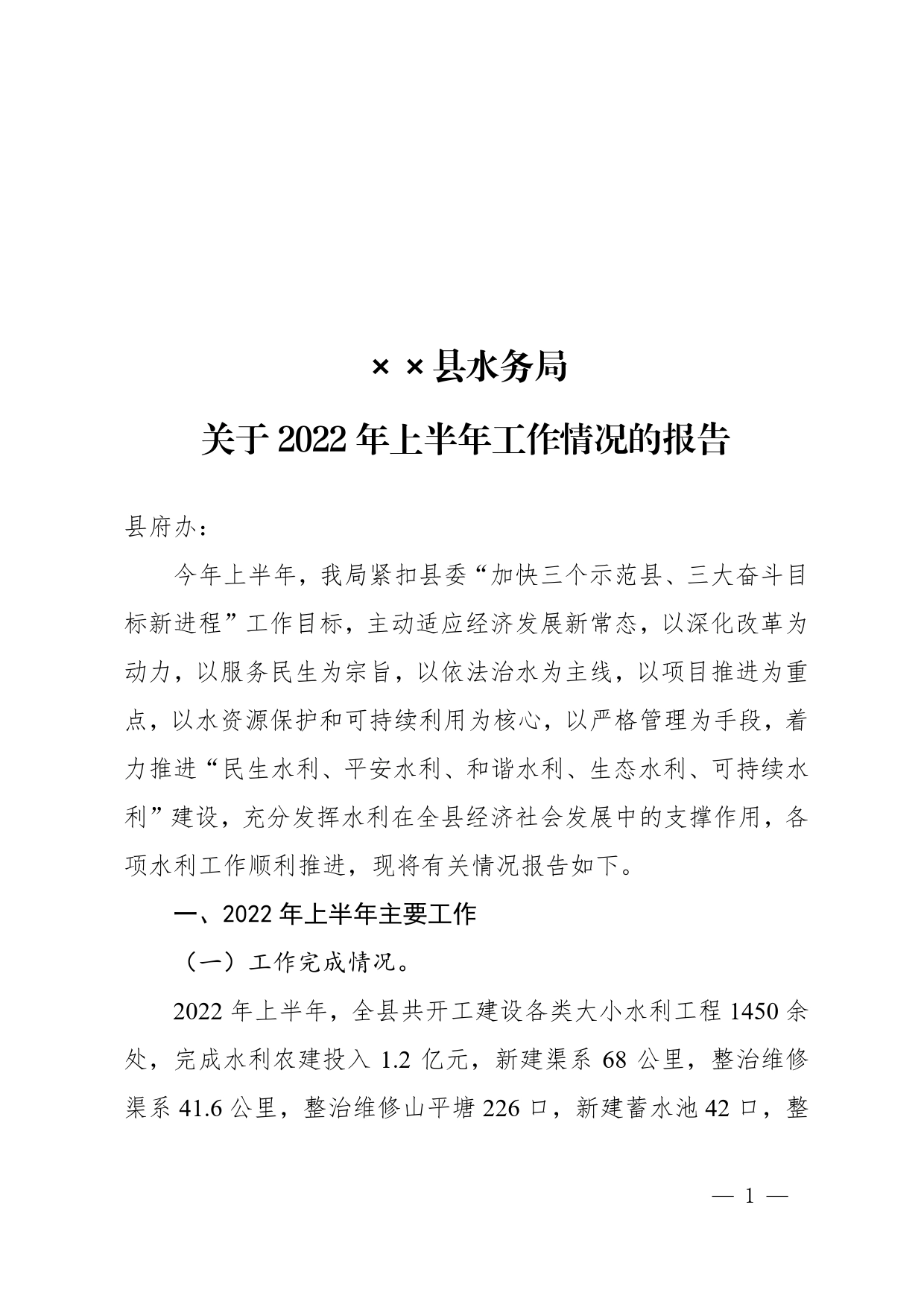 水务局关于2022年上半年工作情况的报告_第1页