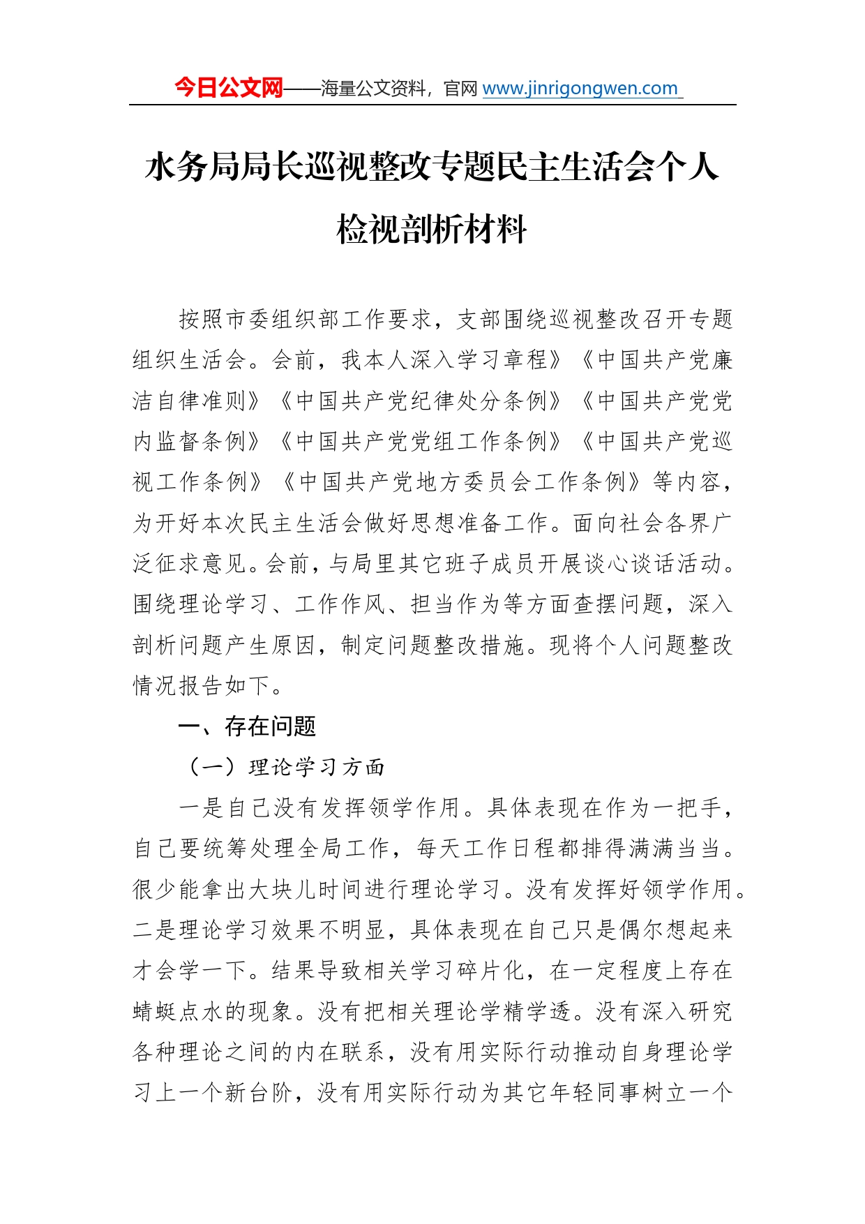 水务局局长巡视整改专题民主生活会个人检视剖析材料559_第1页