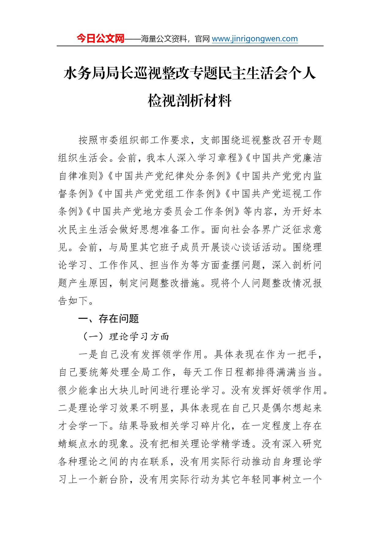 水务局局长巡视整改专题民主生活会个人检视剖析材料880_第1页